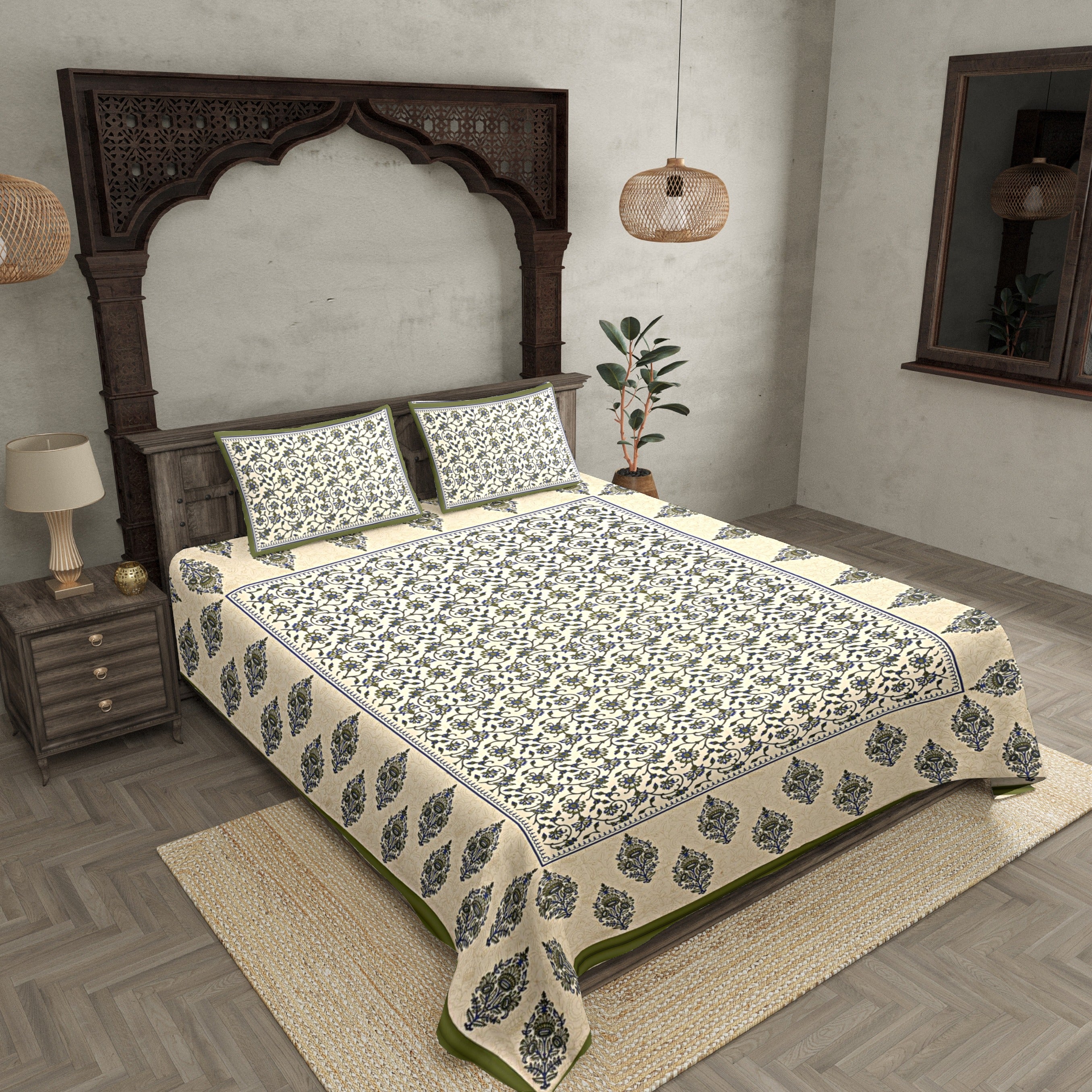 Green Border Tropical keri Design Cotton Double Bed Sheet
