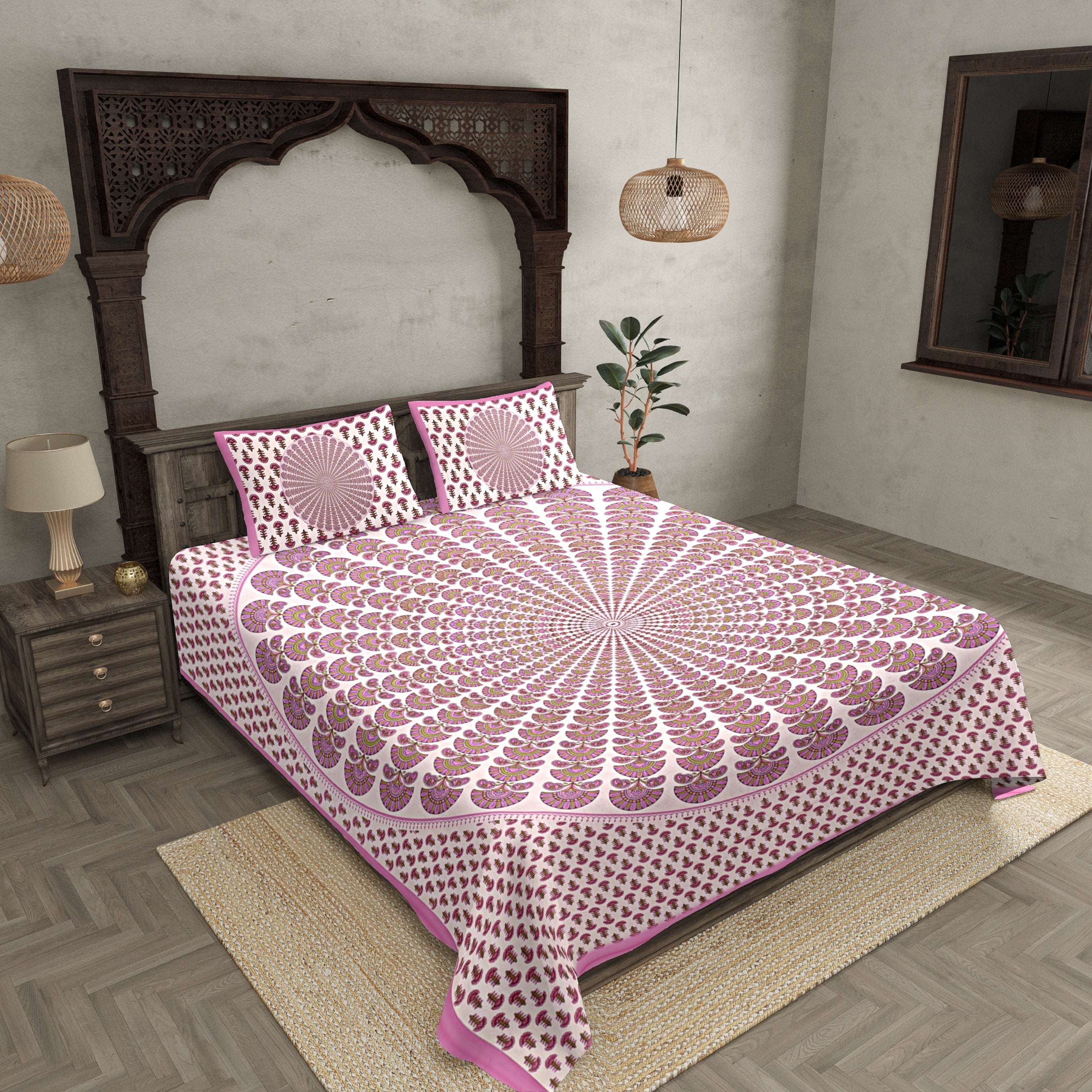 Pink Kalangi Printed Cotton Double Bed Sheet