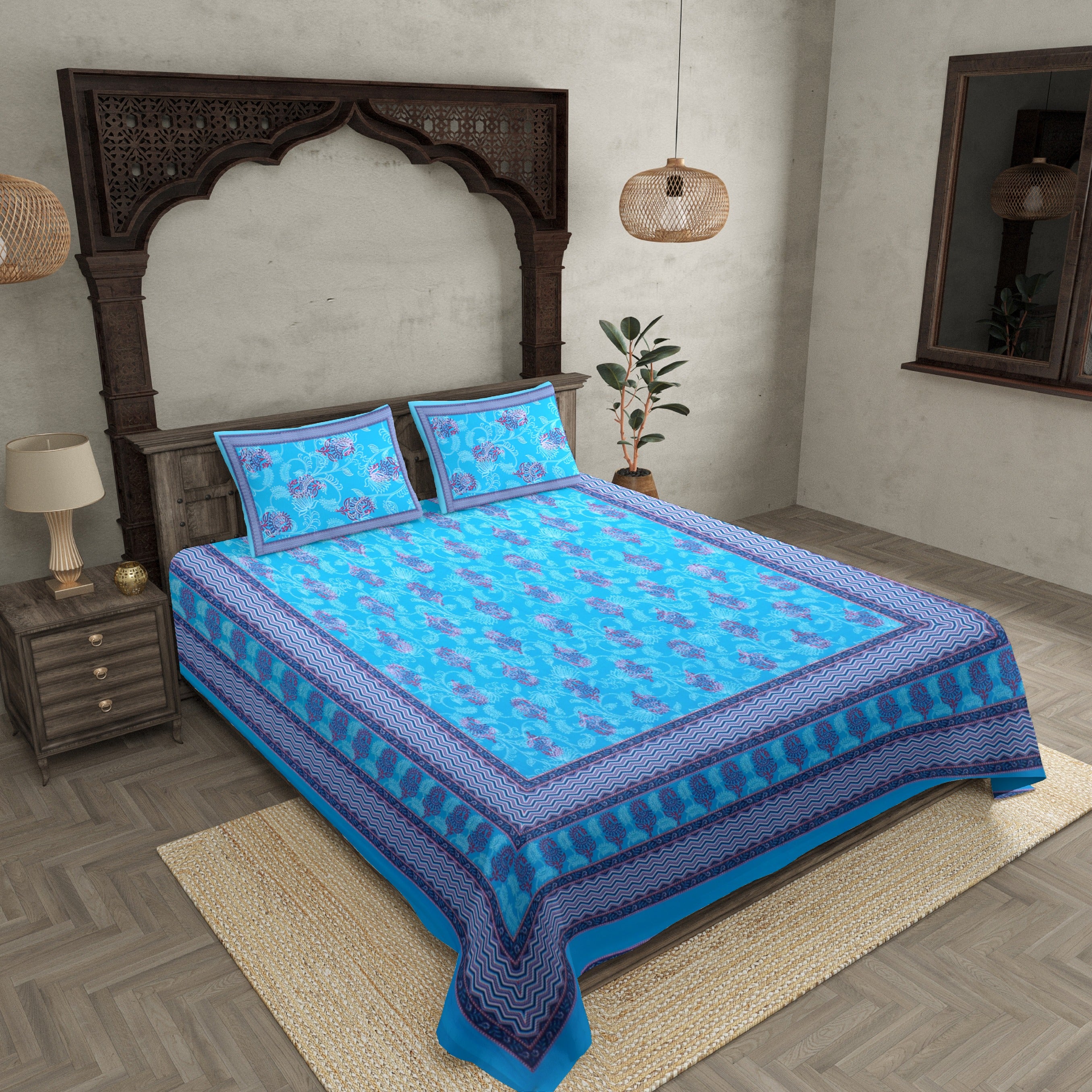 Vibrant Blue Floral Double Bedsheet