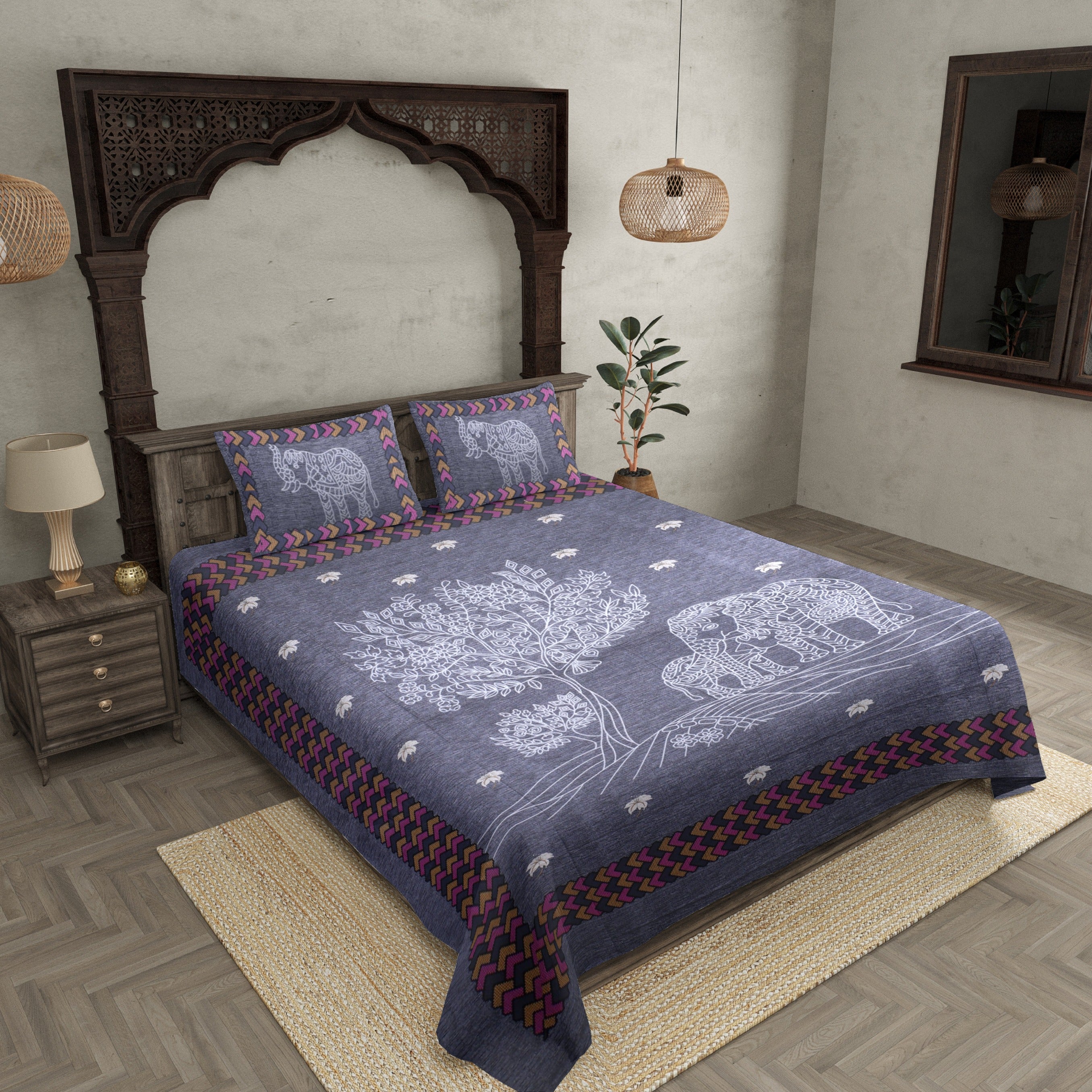 Elephant Love Blue Giza Cotton Double BedSheet