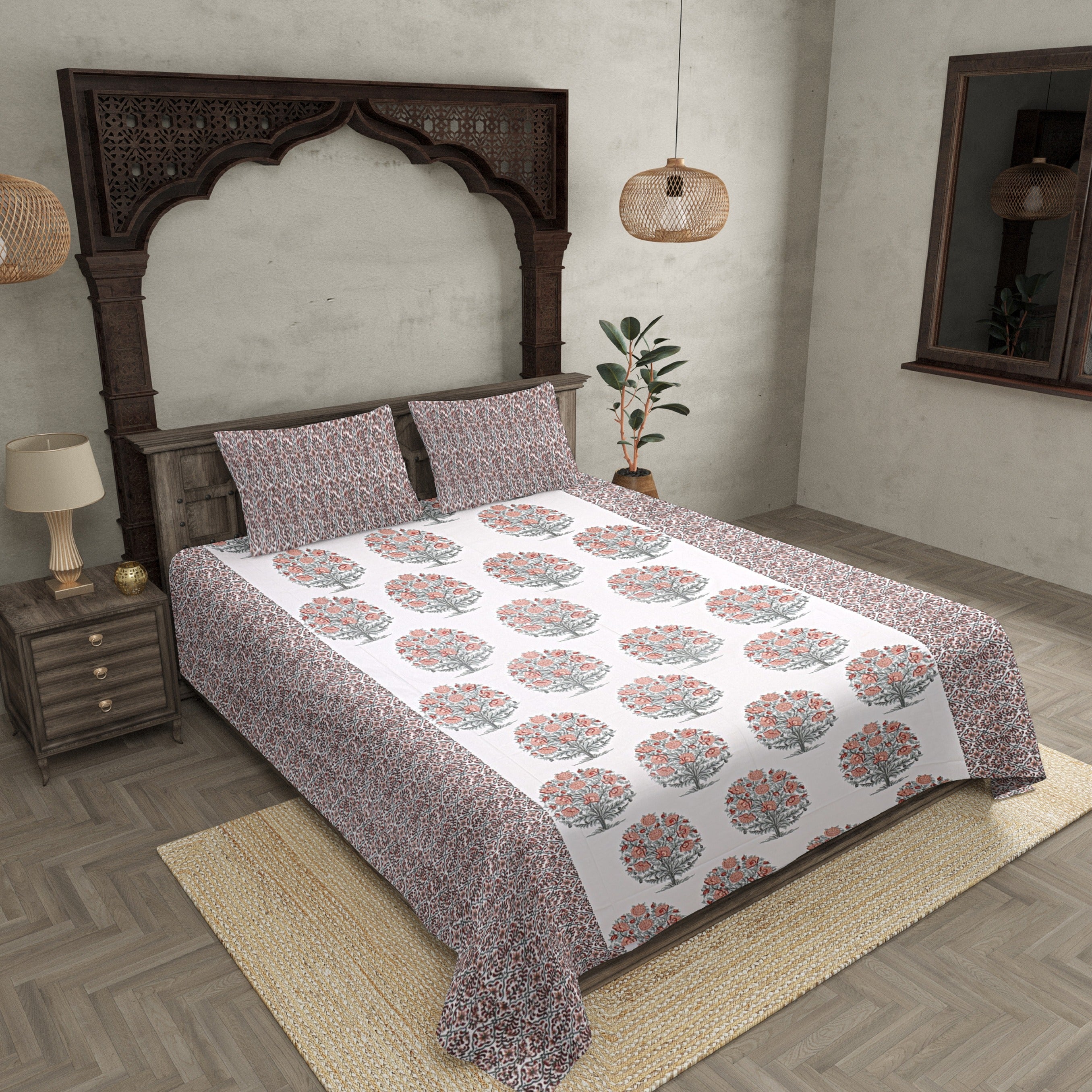 Double Bedsheet Brown Peach Floral Tree Print