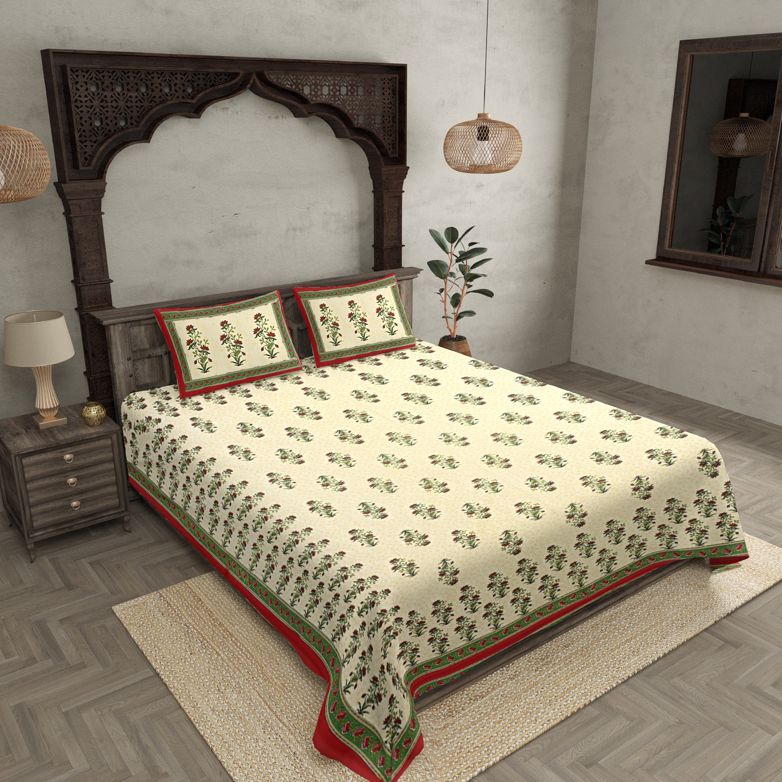 Double Bedsheet Red Border Vintage Floral Print