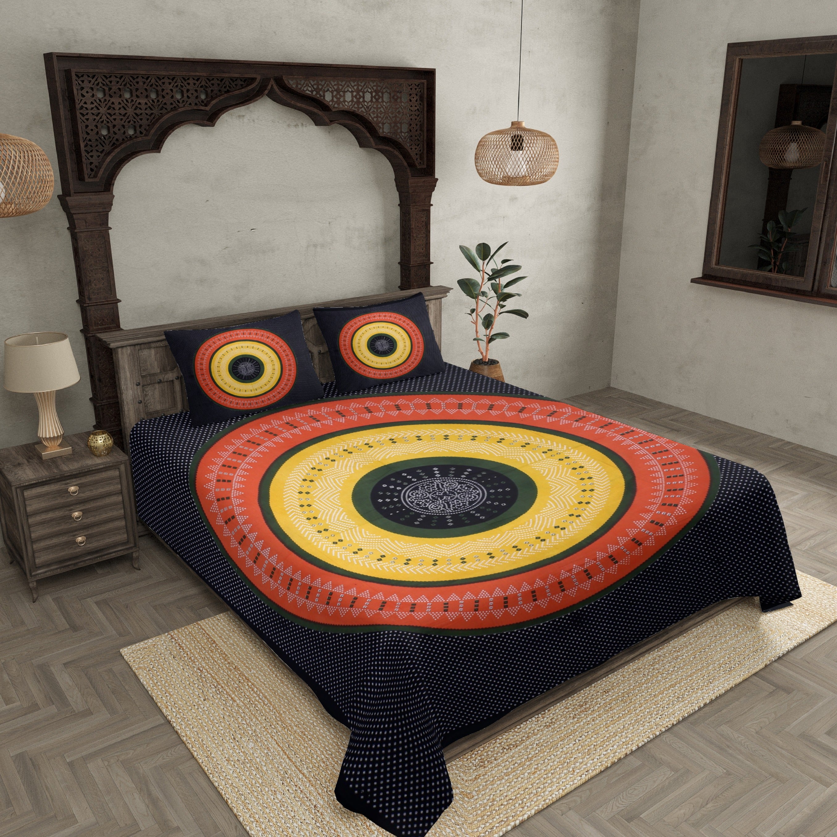 Double Bedsheet Black Red With Round Shape Bandhej Print