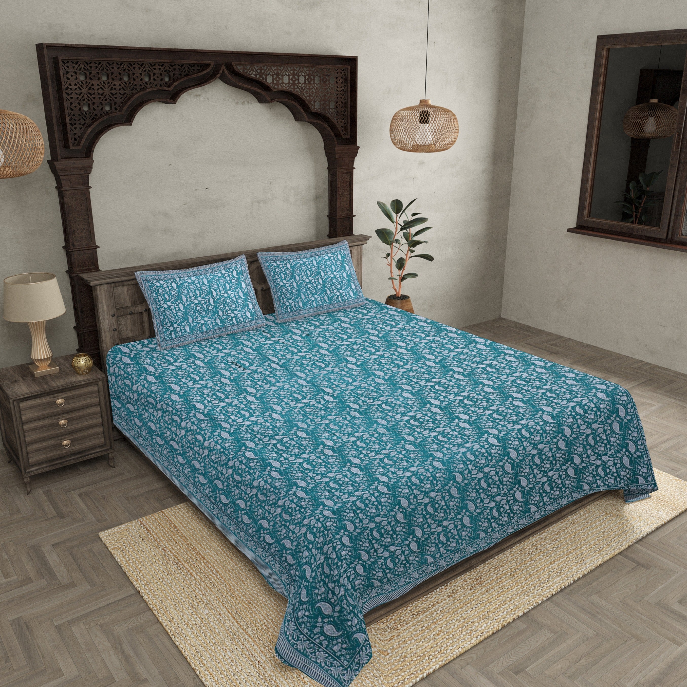 Double Bedsheet Sea Green Blue Paisley Floral Pattern