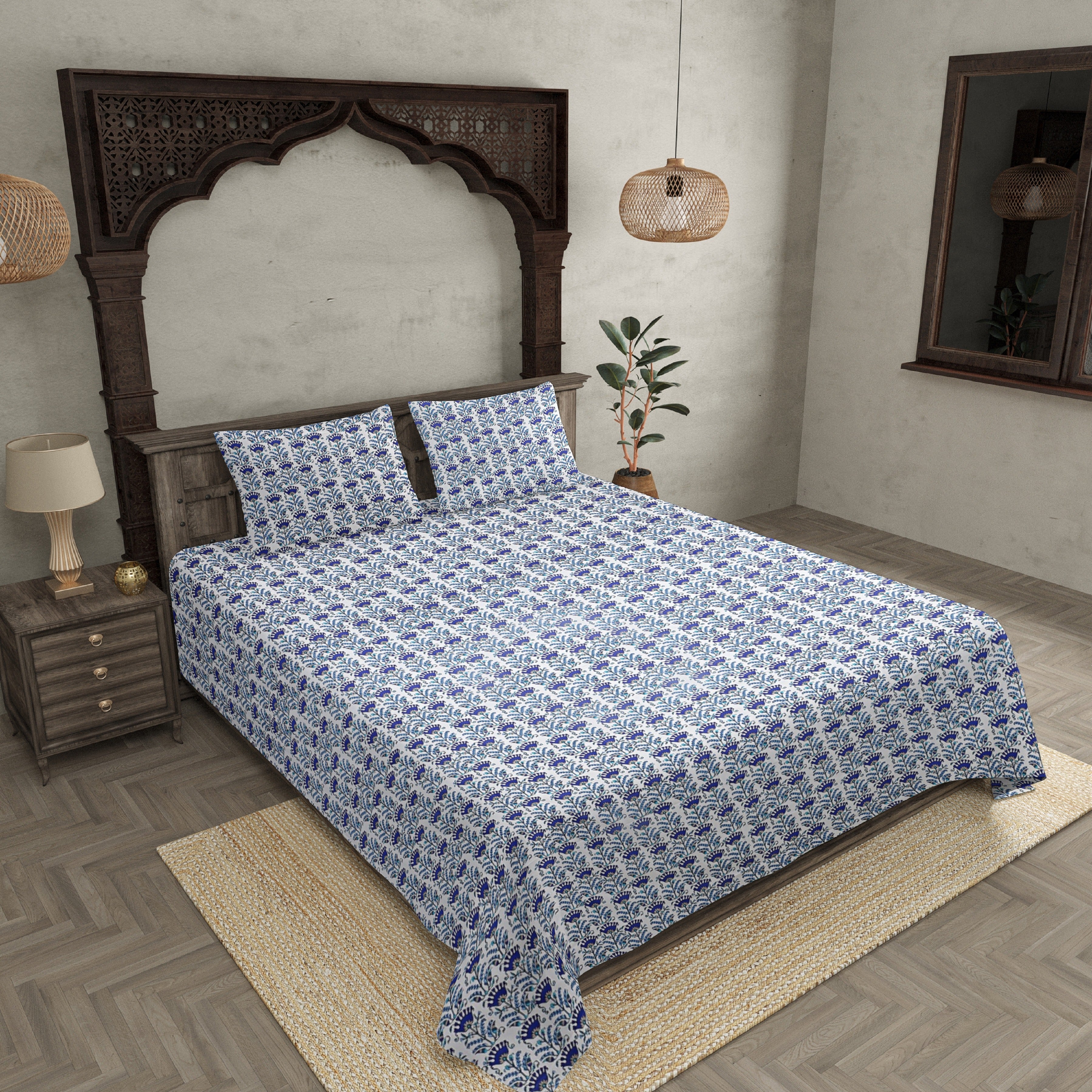 Double Bedsheet Blooming Blue Flowers Print