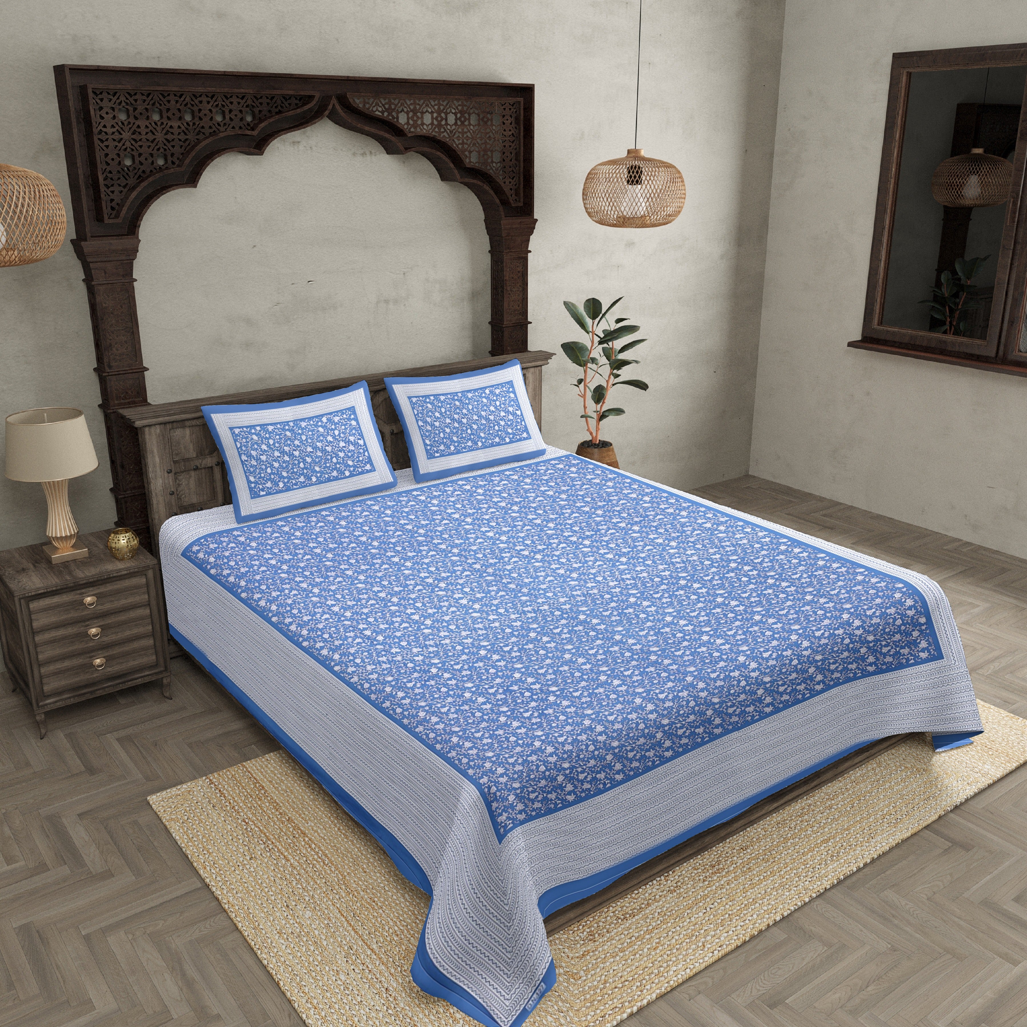 Floral Double Bedsheet Blue base with 2 Pillow Covers