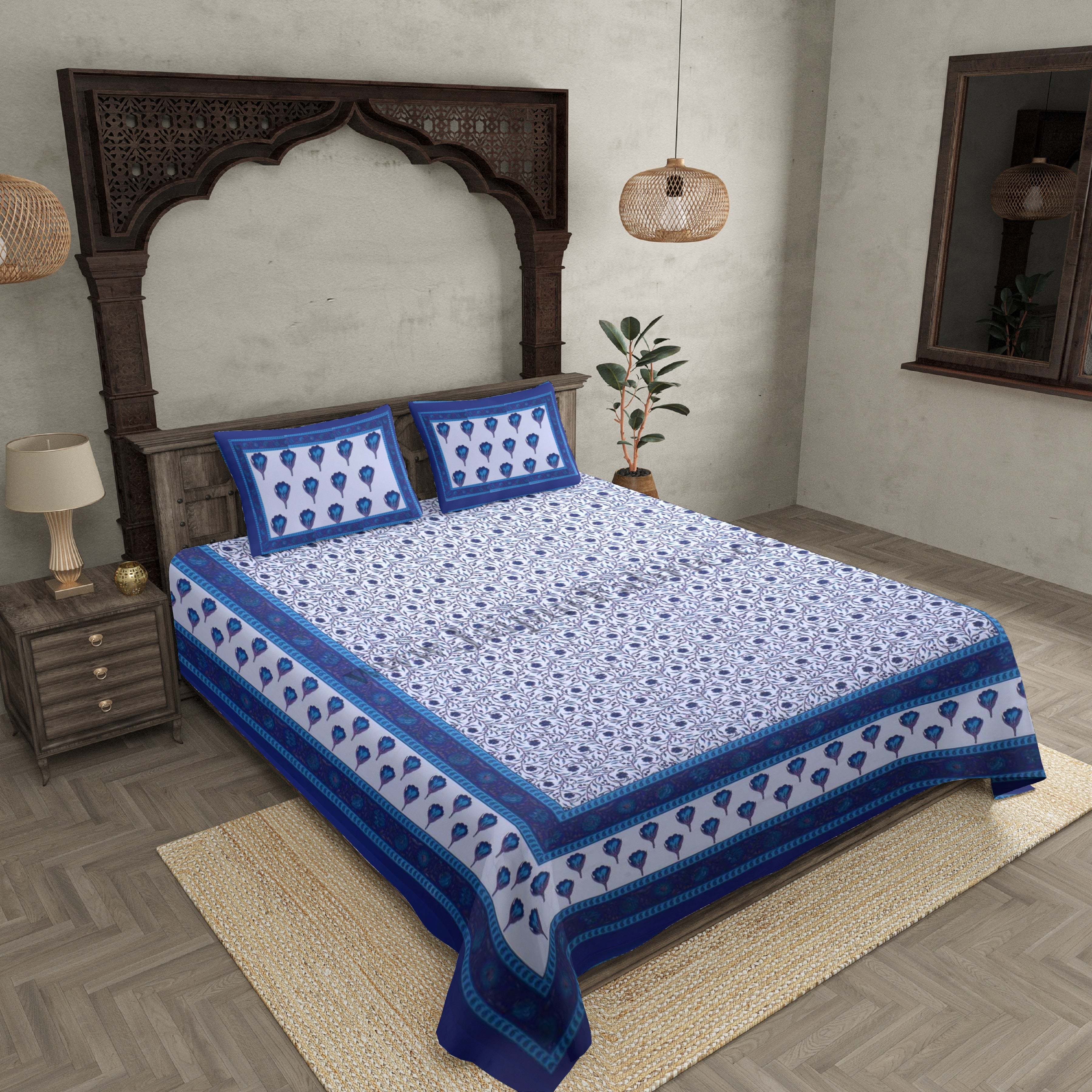 Double Bedsheet Blue Tulip With Two Pillow Cover