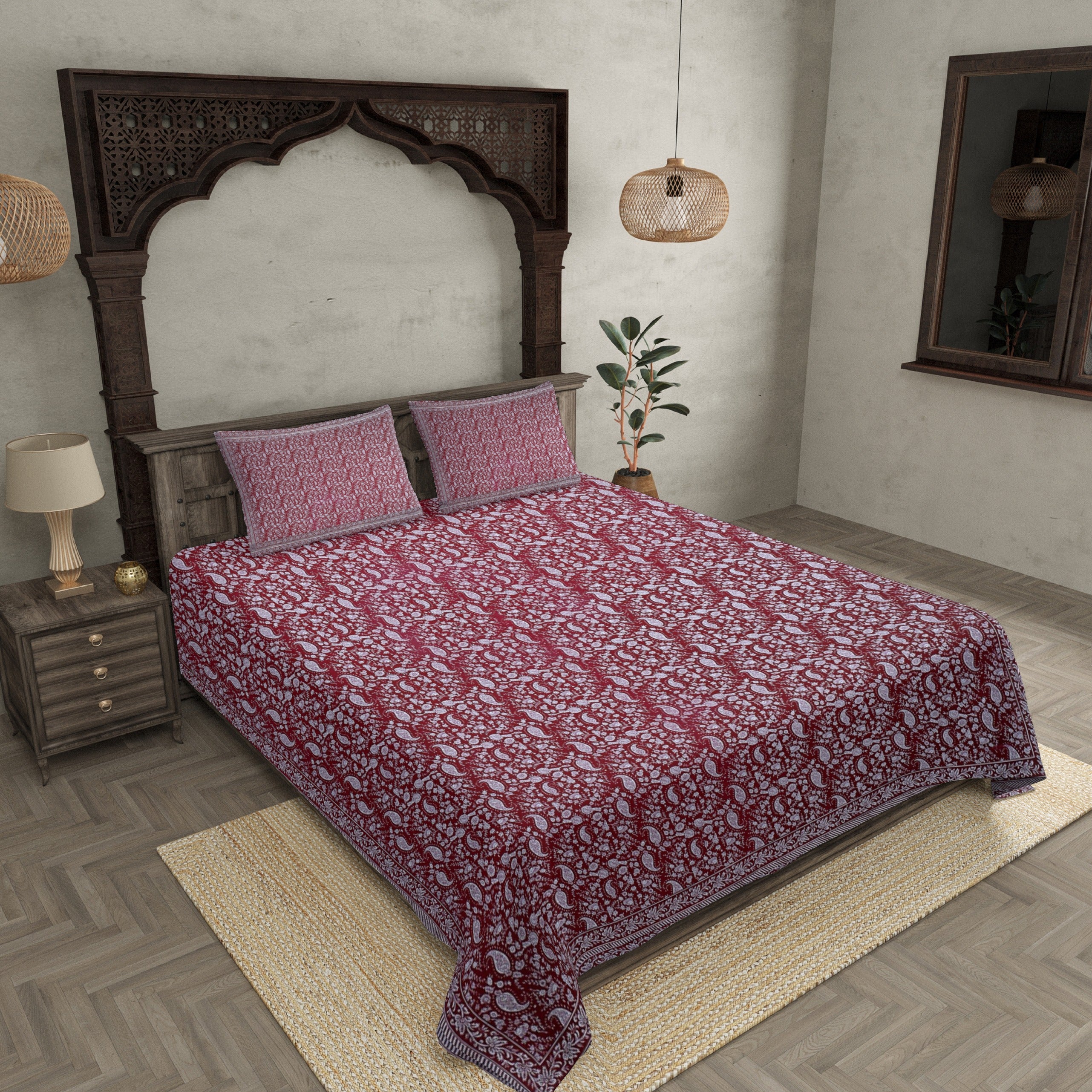 Double Bedsheet Maroon Red Paisley Floral Pattern