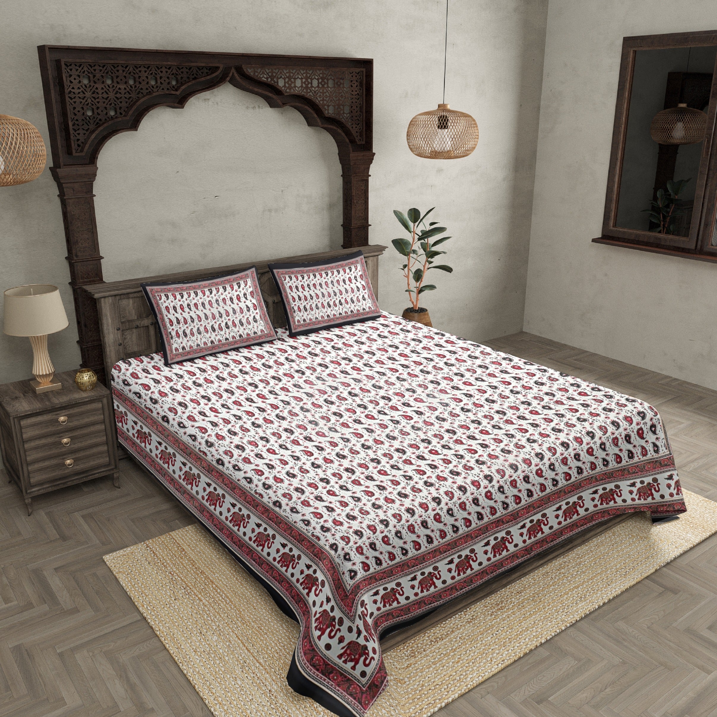 Double Bedsheet Paisley Maroon Gold Print