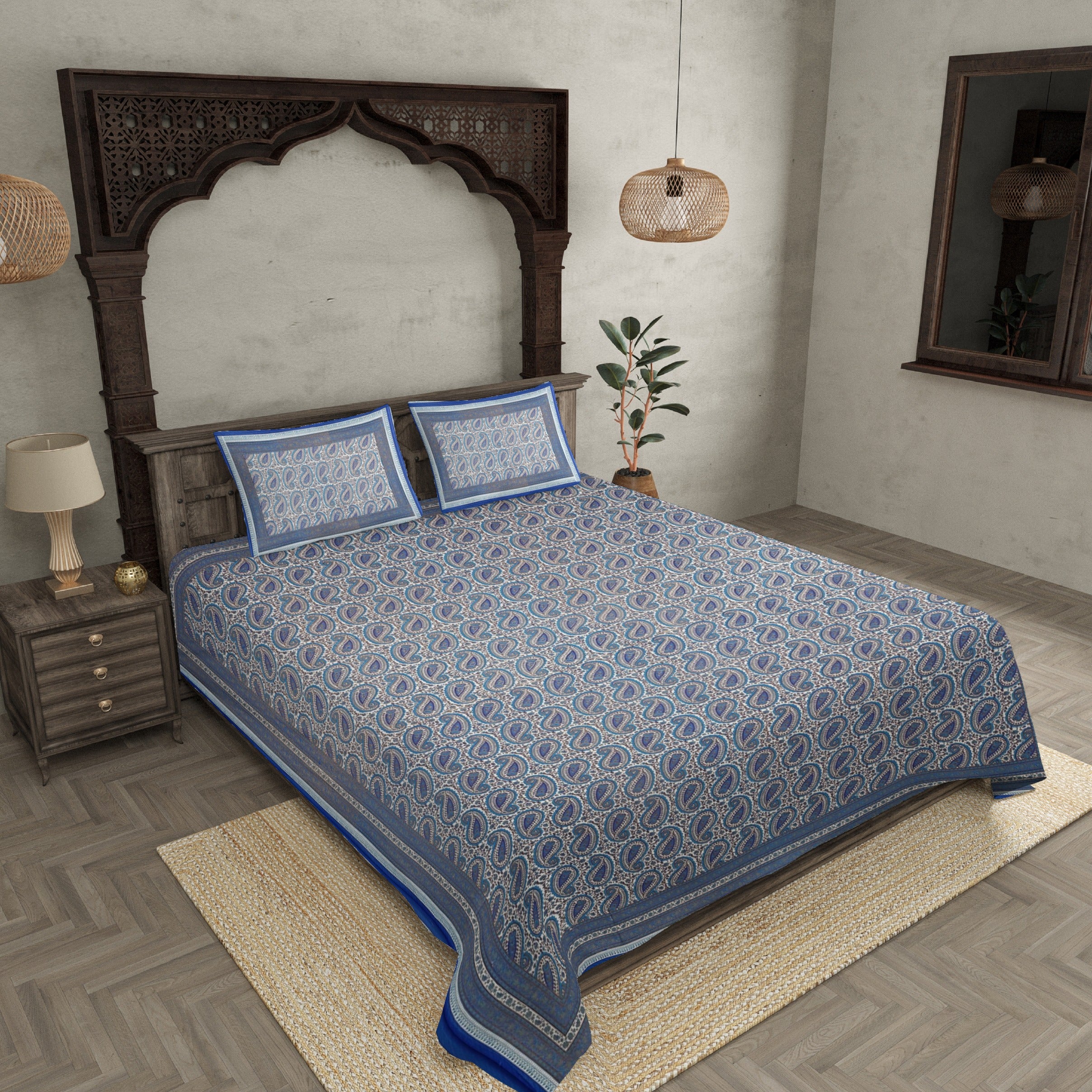 Brilliant Blue Gold Paisley Double Bedsheet