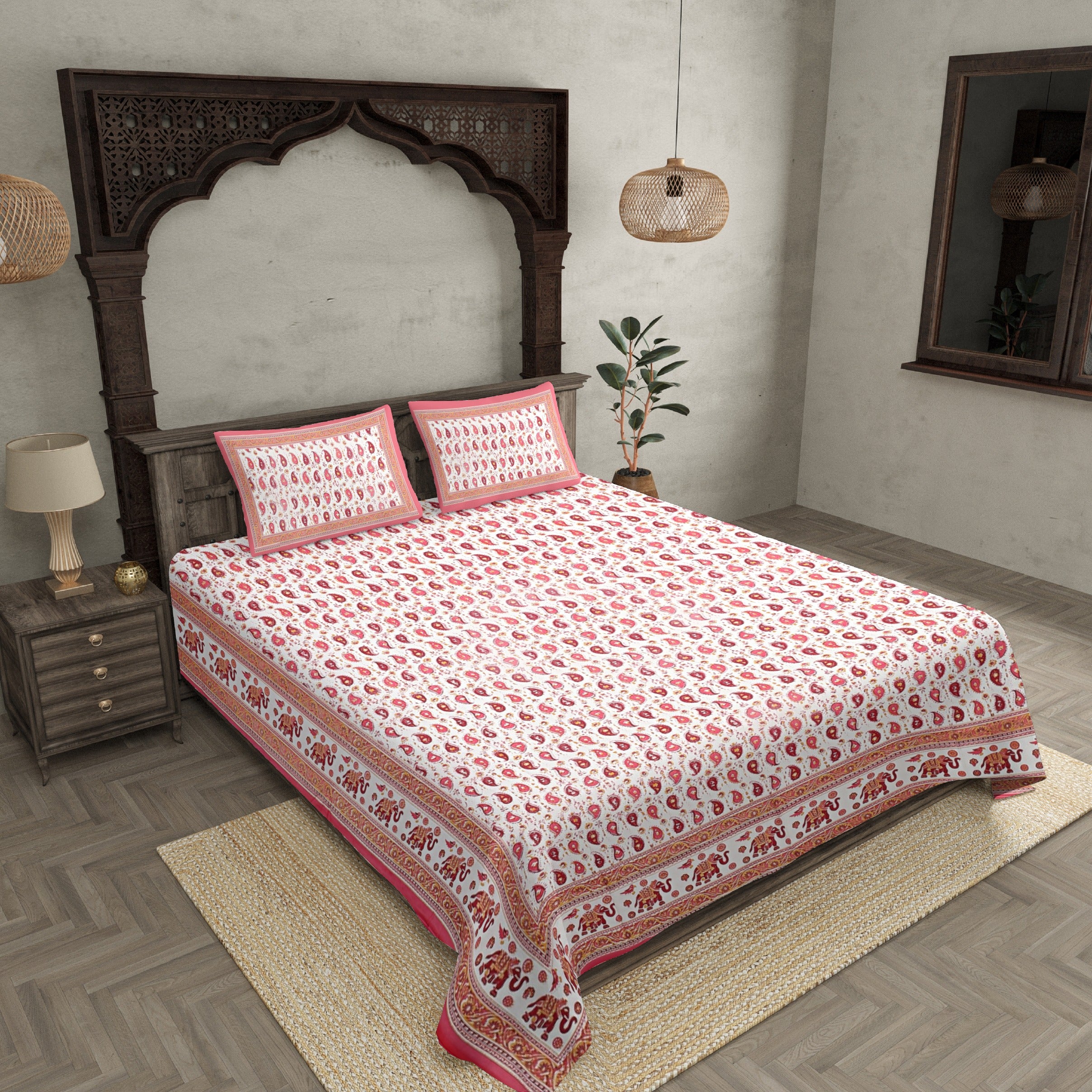Double Bedsheet Paisley Watermelon Pink Gold Print