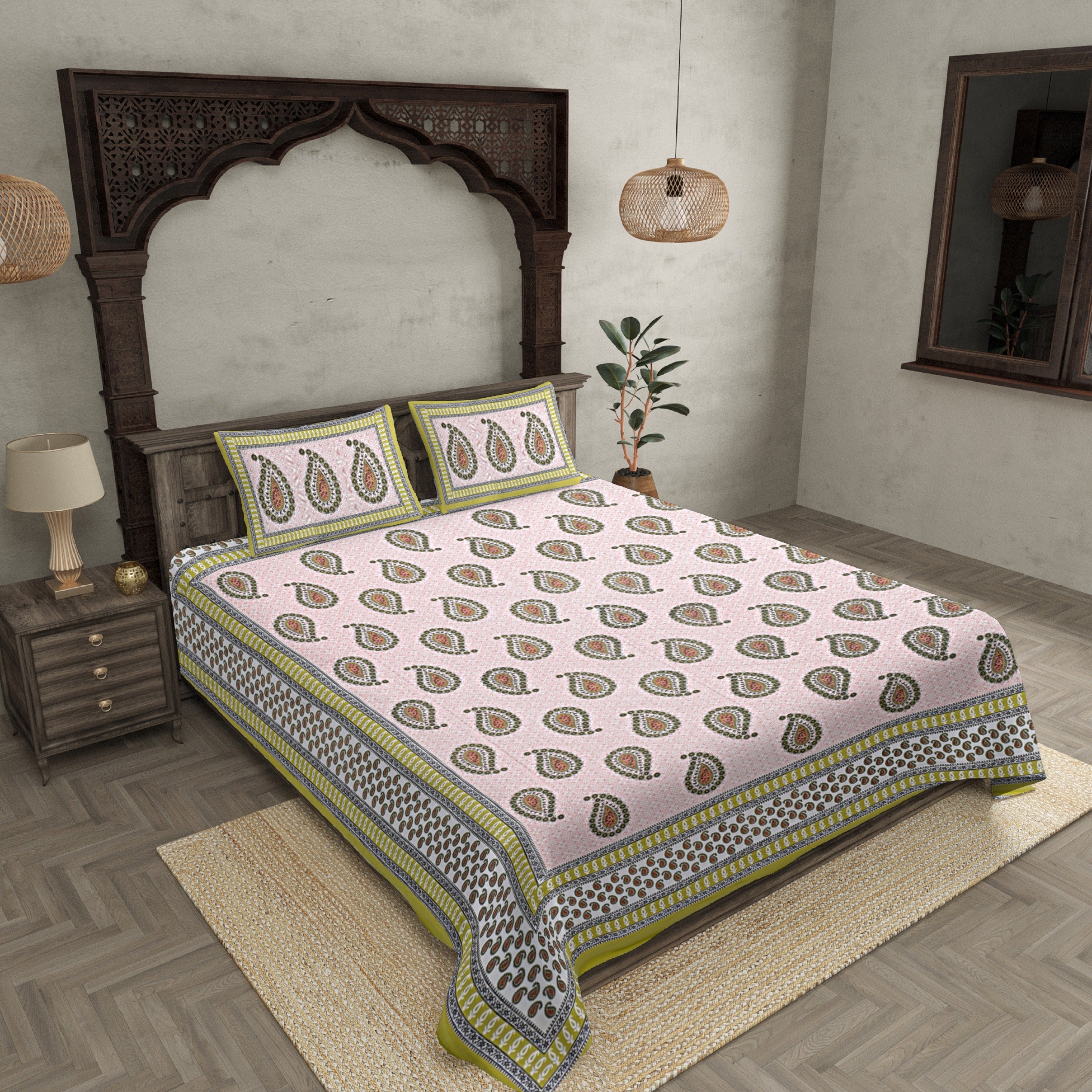 Double bedsheet Yellow Border With Paisley Print Fine Cotton With Two Pillow Cover