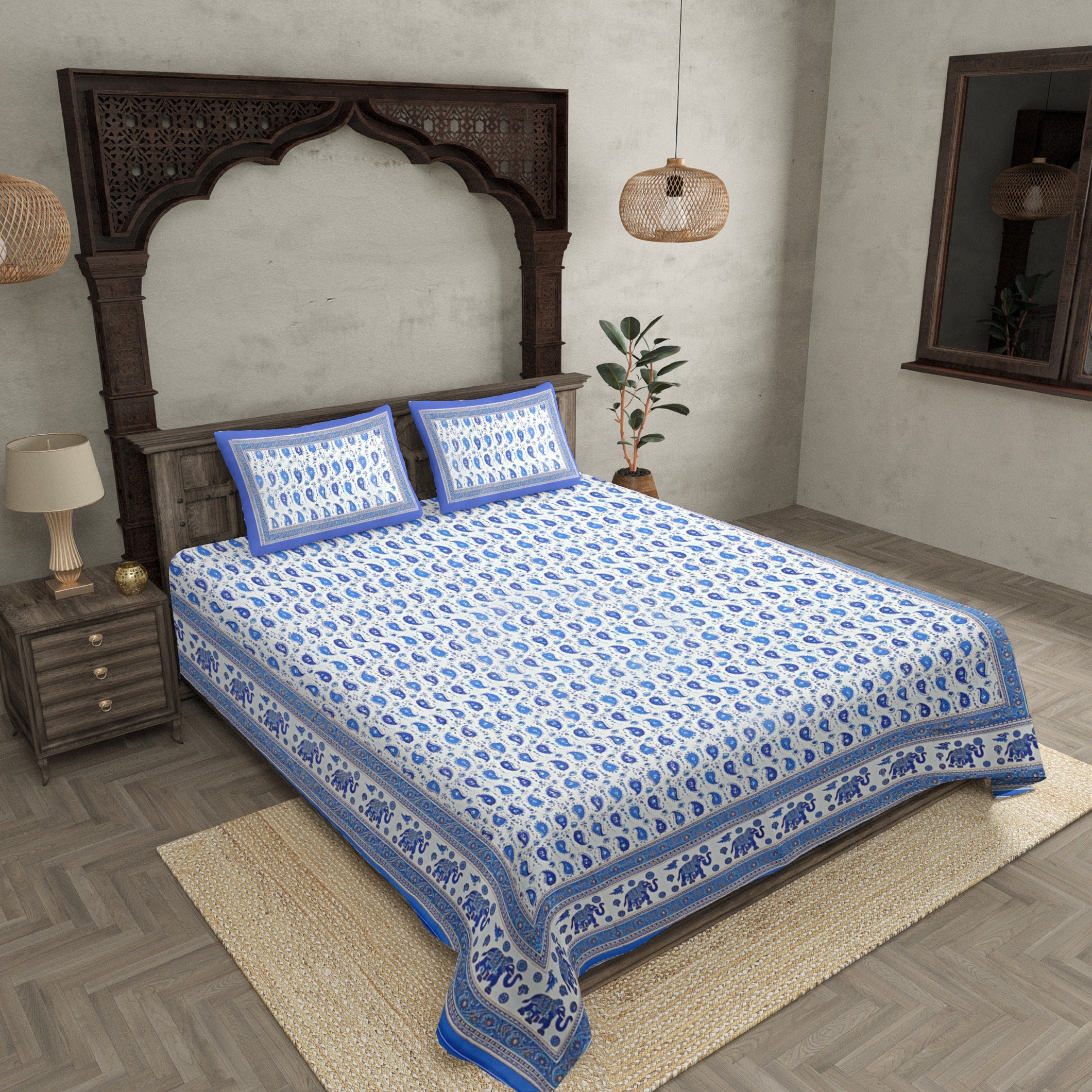Double Bedsheet paisley Sky blue Gold Print