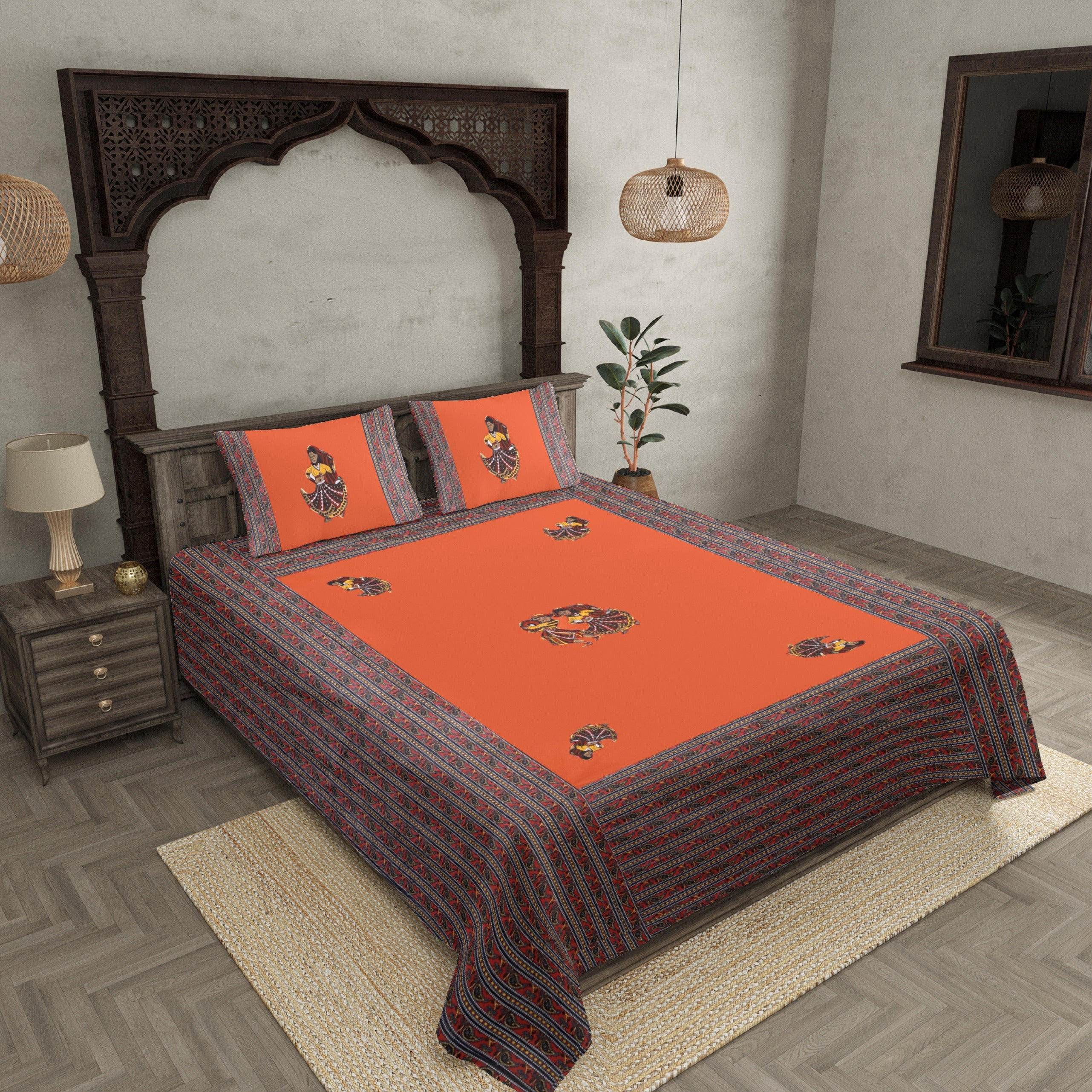 Applique Orange Rajasthani Dance Jaipuri Hand Made Embroidery Patch Work Double Bedsheet