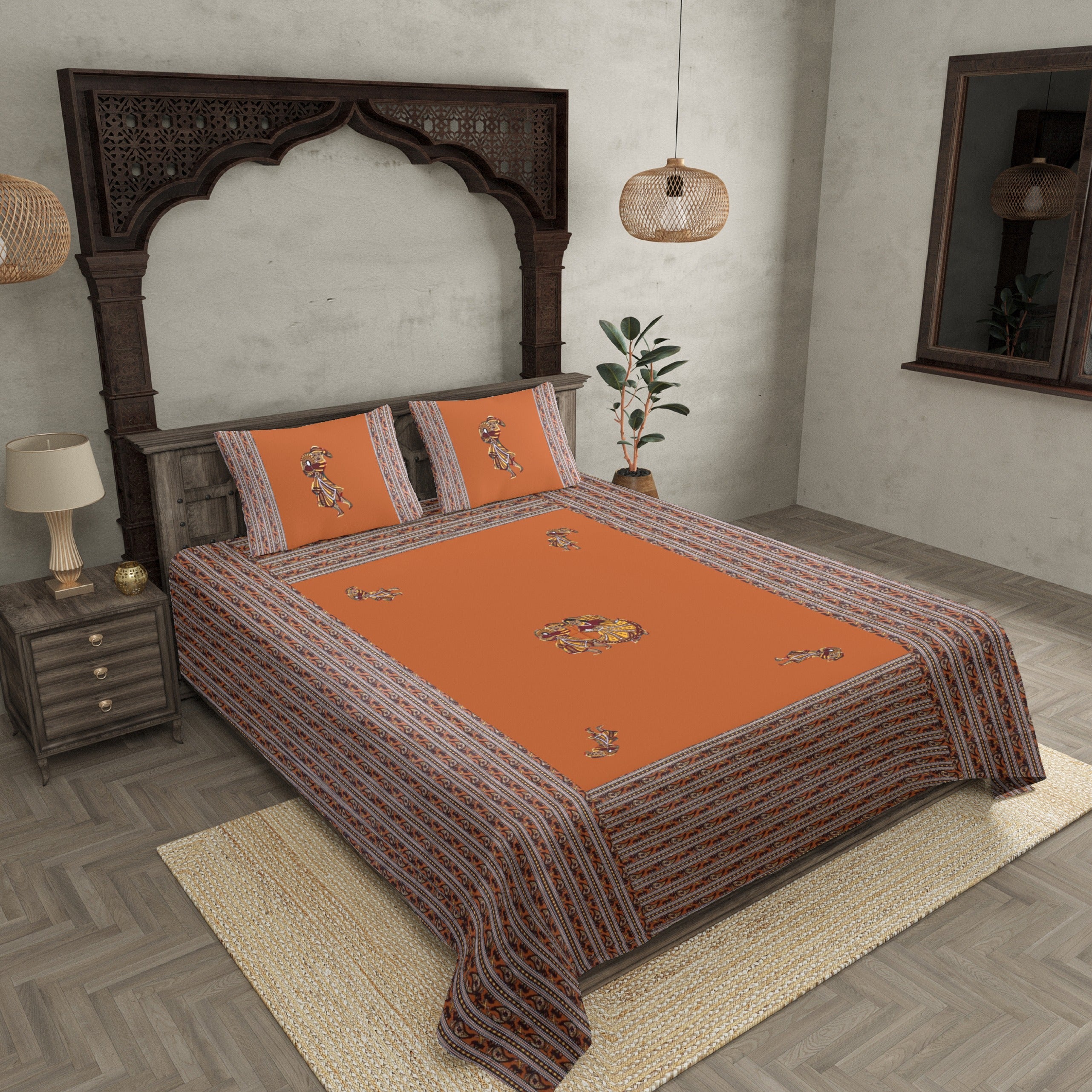 Applique Mustard Chang Dance Jaipuri Hand Made Embroidery Patch Work Double Bedsheet