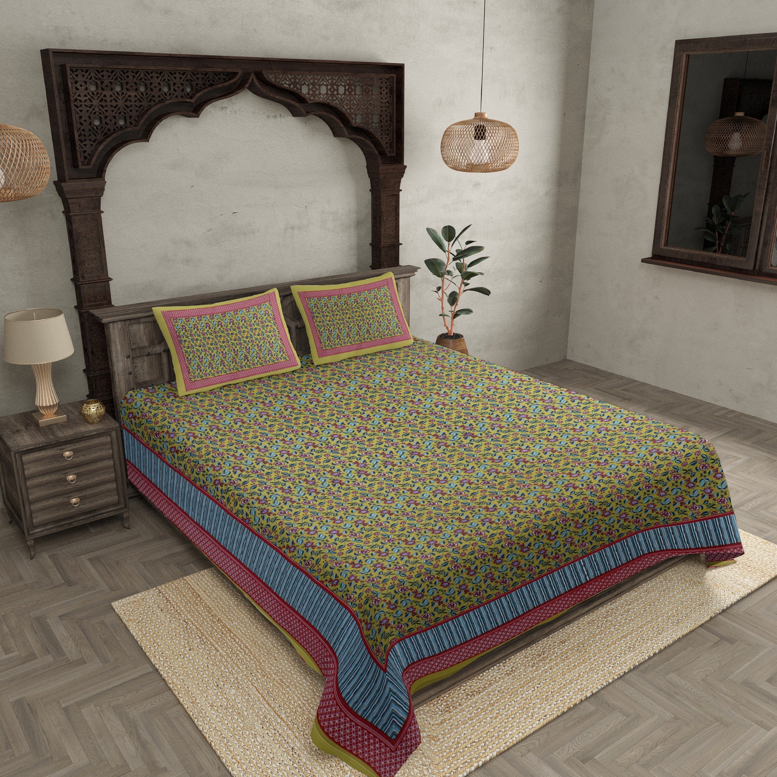 Mehandi Green Floral Covet Double Bedsheet