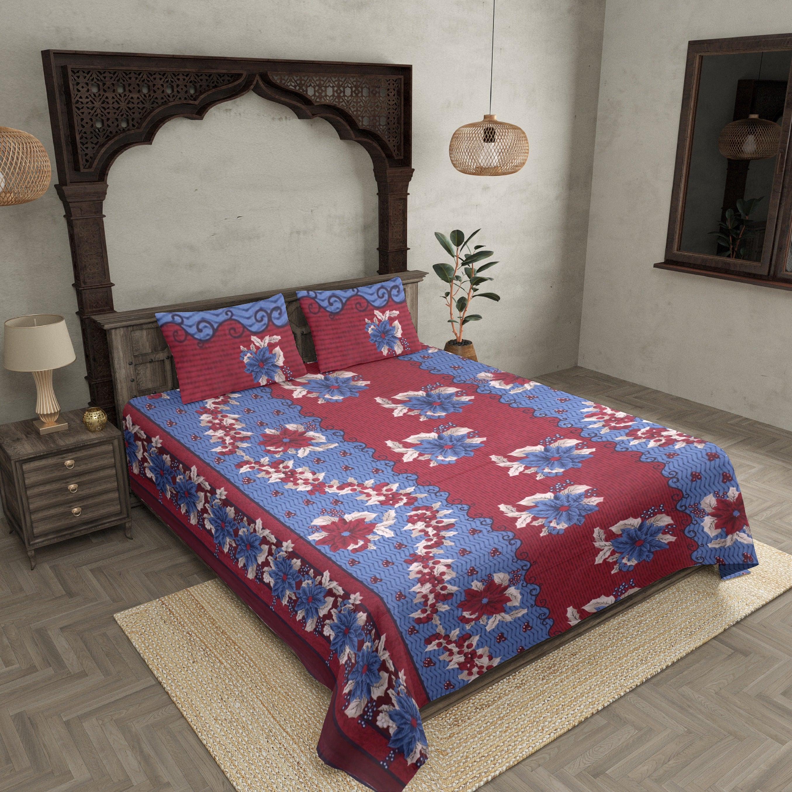 Pure Cotton Maroon and Blue Floral Jaipuri Procian Bedsheet