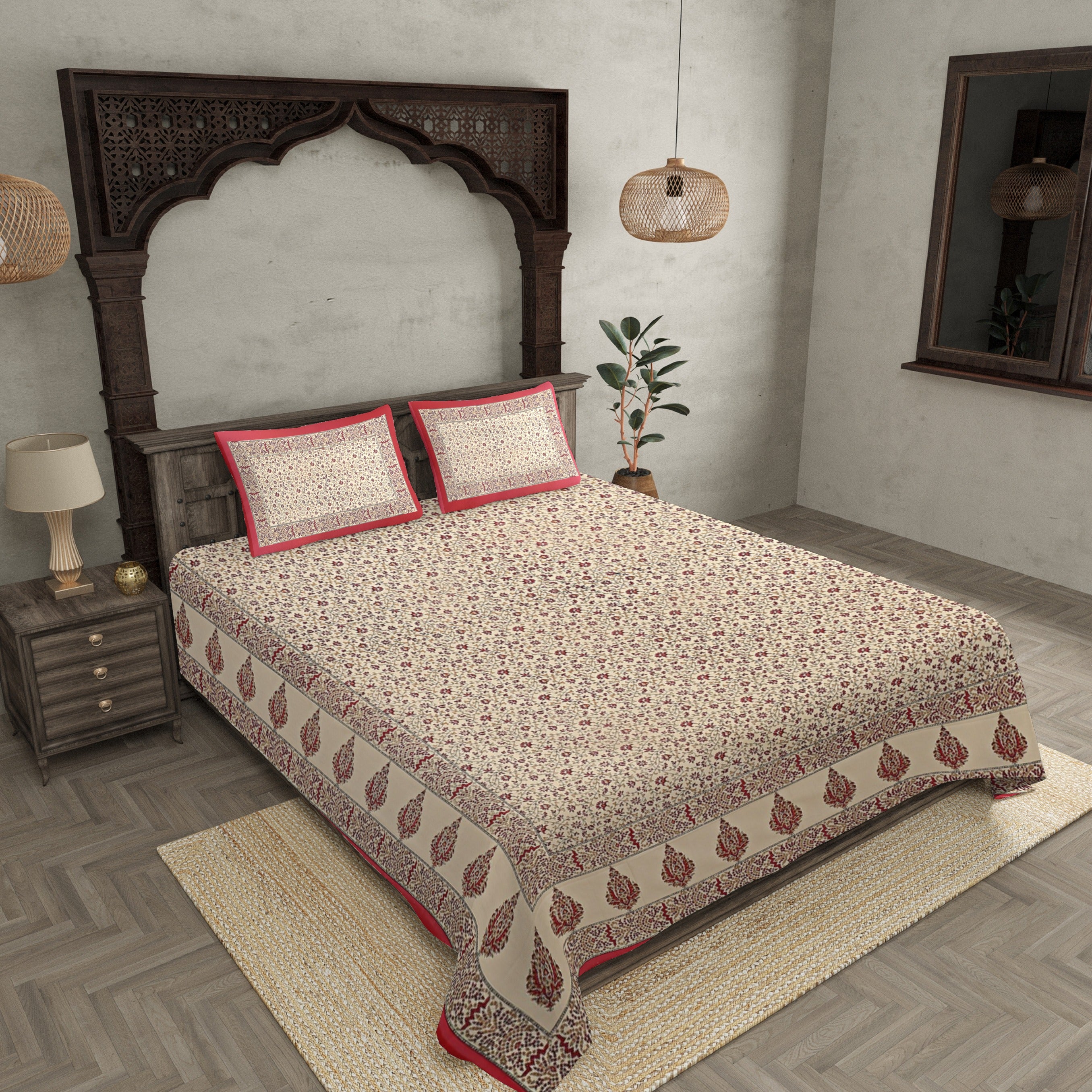 Ethnic Gold Red Floral Double Bedsheet