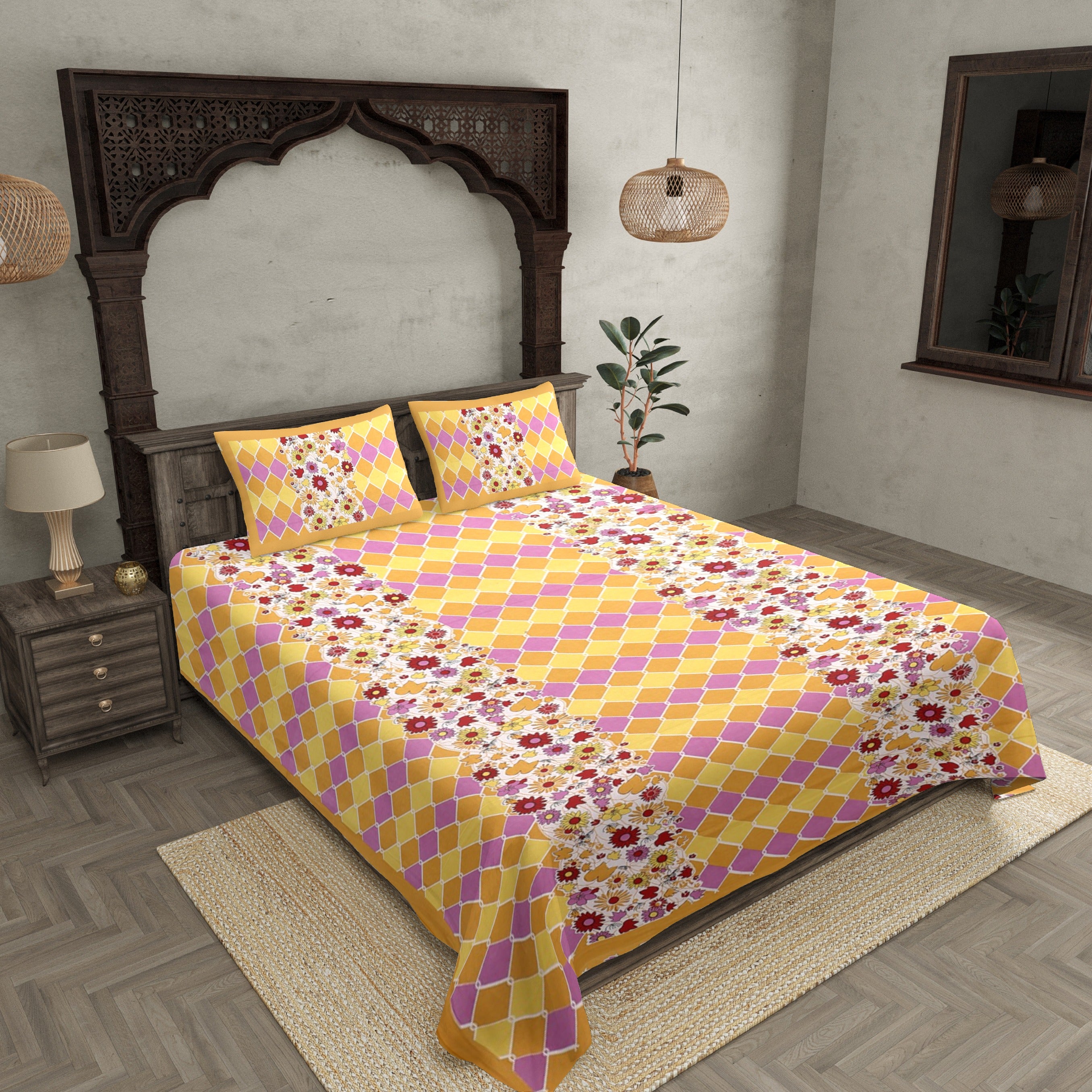 Floral Double Bedsheet Yellow border with 2 Pillow Covers