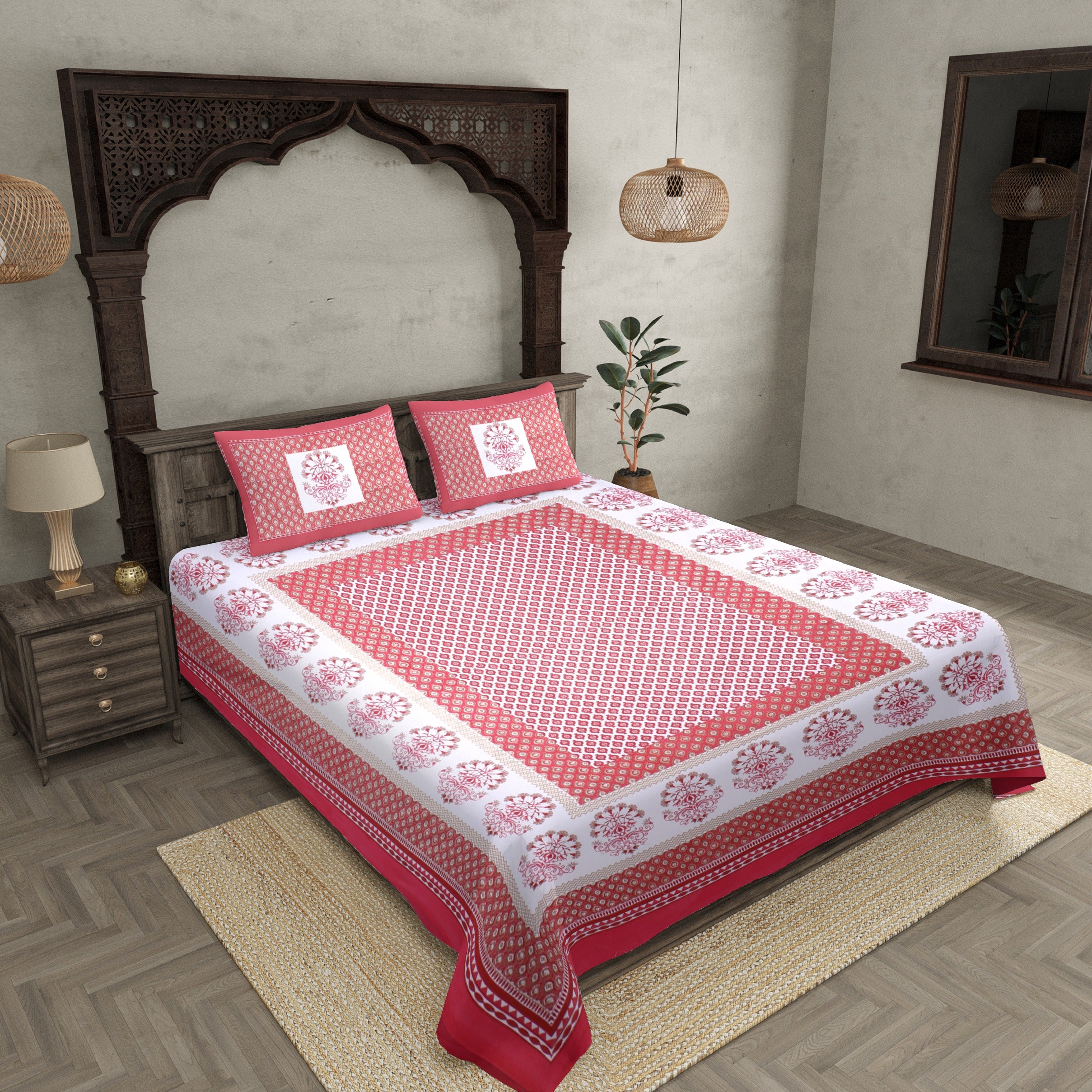 Double Bedsheet Crimson Red Geometric Floral Gold Print With 2 Pillow Covers