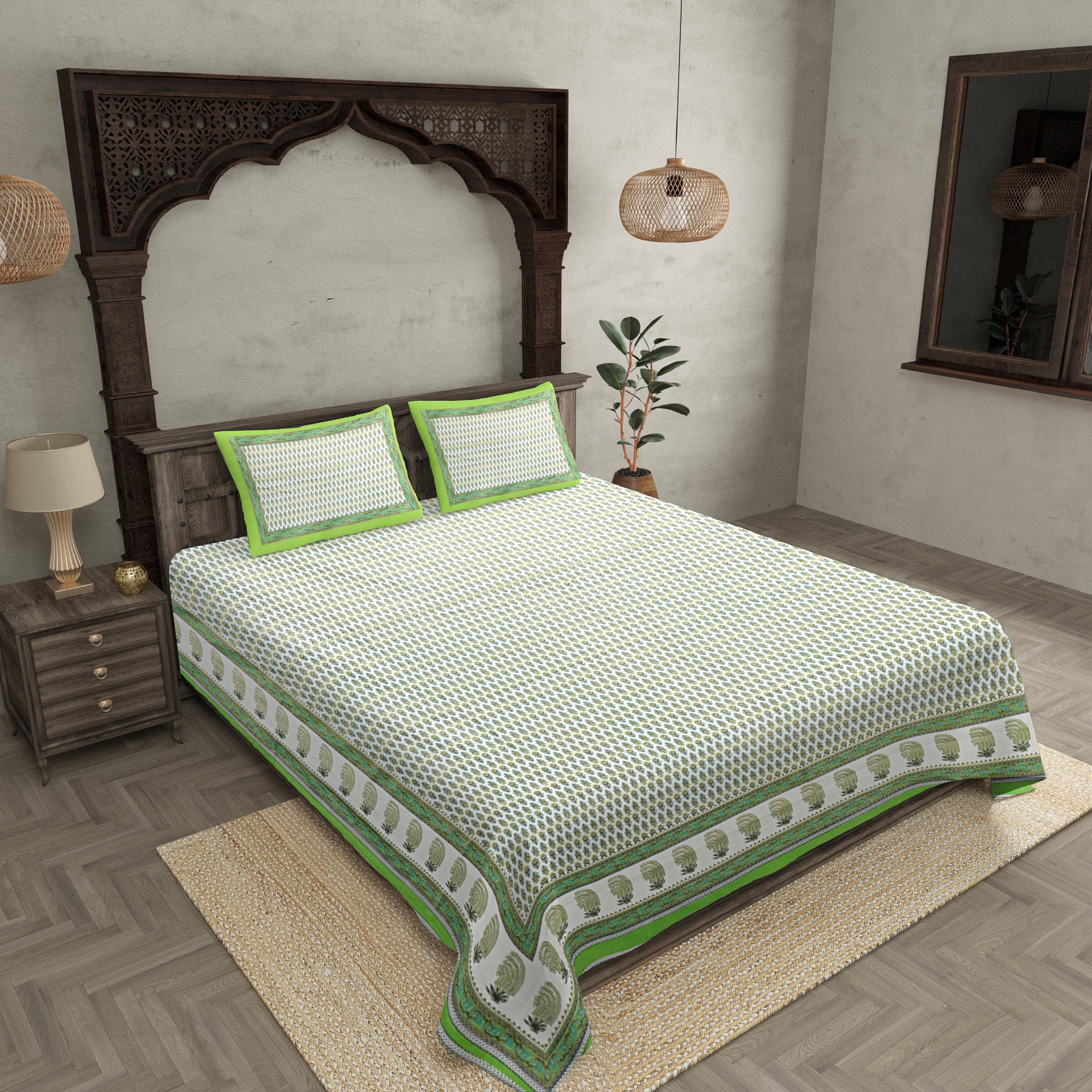 Double Bedsheet Lime Green Geometric Floral Gold Print With 2 Pillow Covers