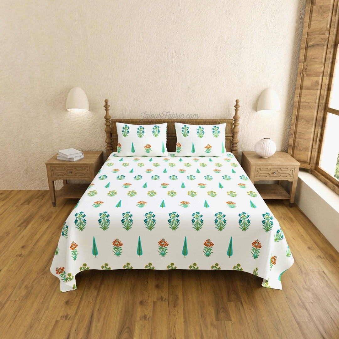 Jaipur Mela Hand Block Printed Sea Green Trees and Flowers King Size Bedsheet