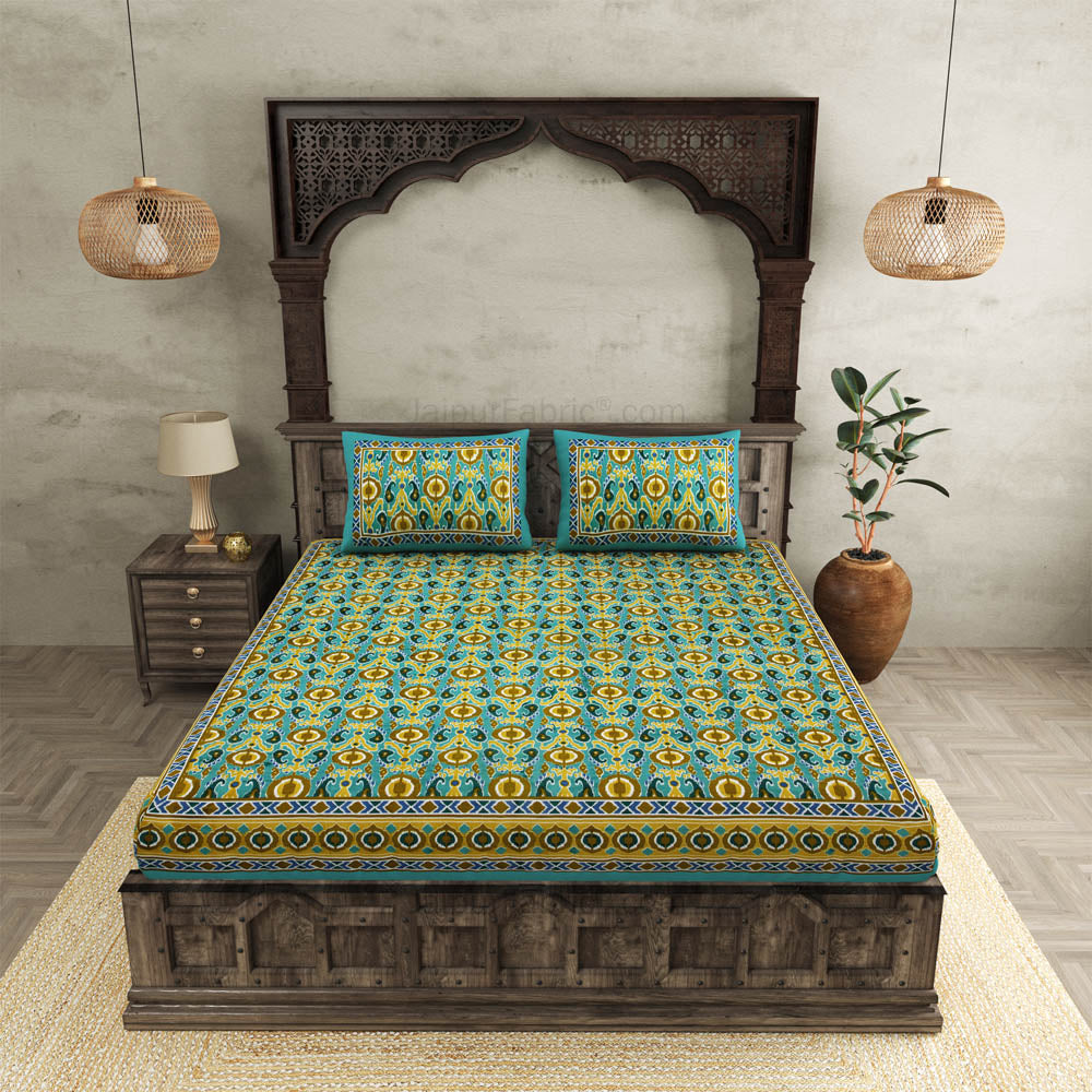 jaipurfabric® lush green ikat super king size premium cotton bed sheet