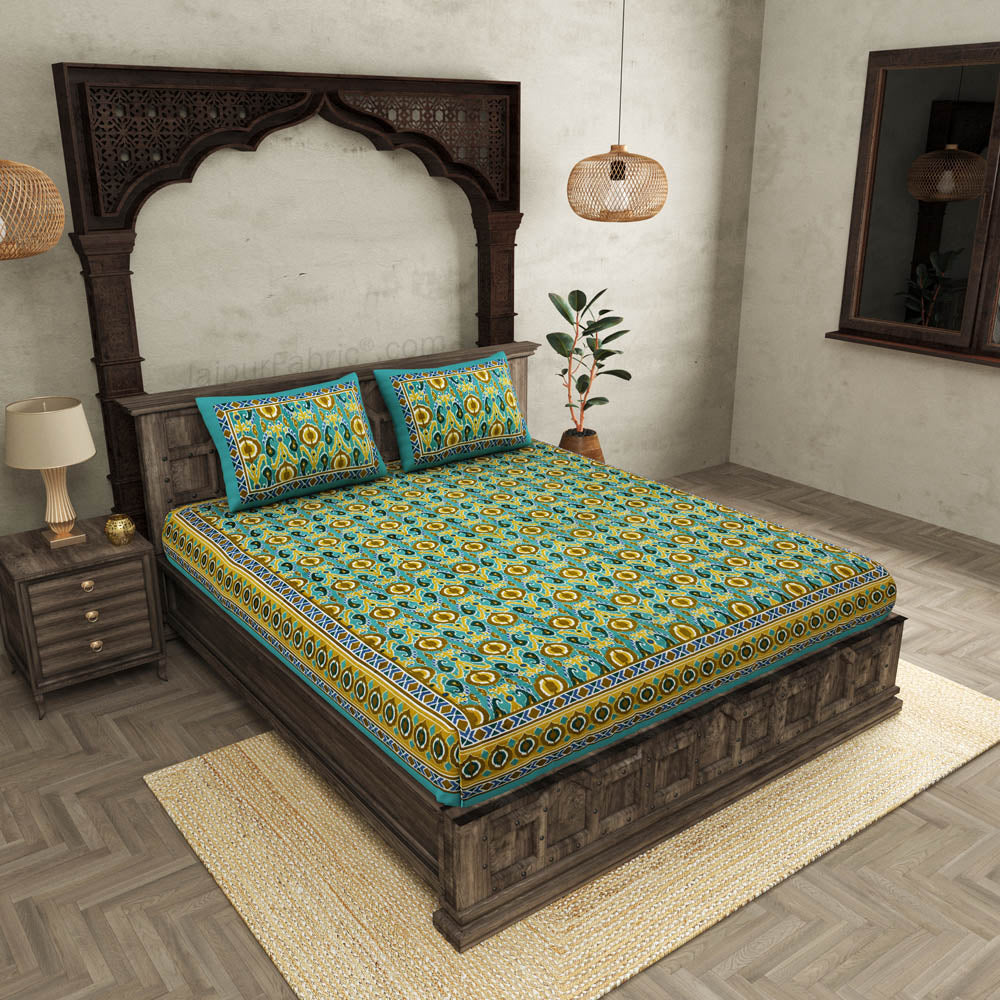 jaipurfabric® lush green ikat super king size premium cotton bed sheet