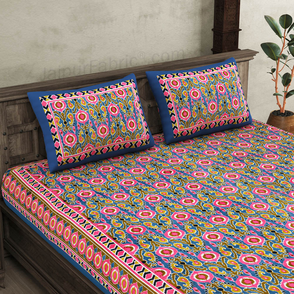 jaipurfabric® lush pink blue ikat super king size premium cotton bed sheet