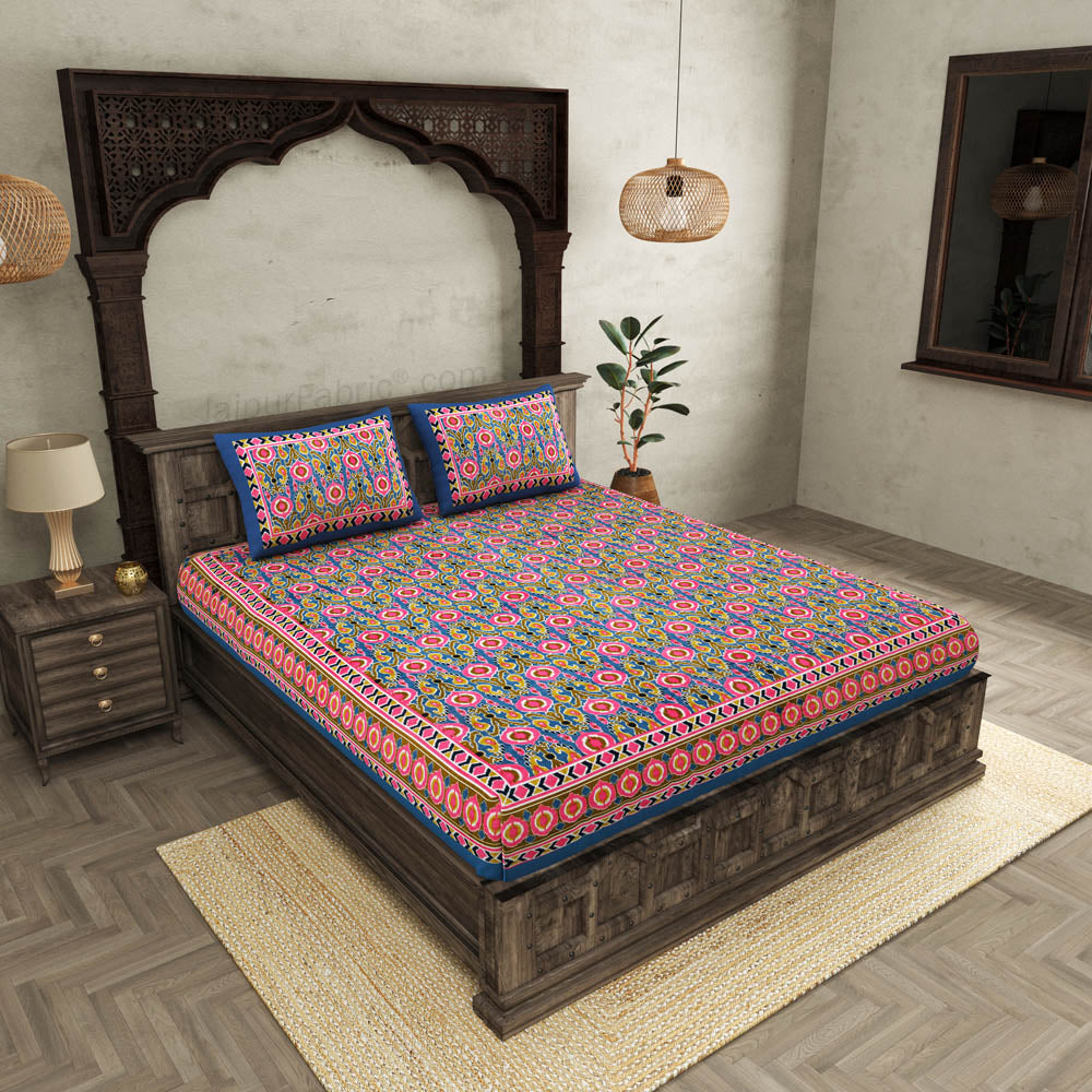 jaipurfabric® lush pink blue ikat super king size premium cotton bed sheet