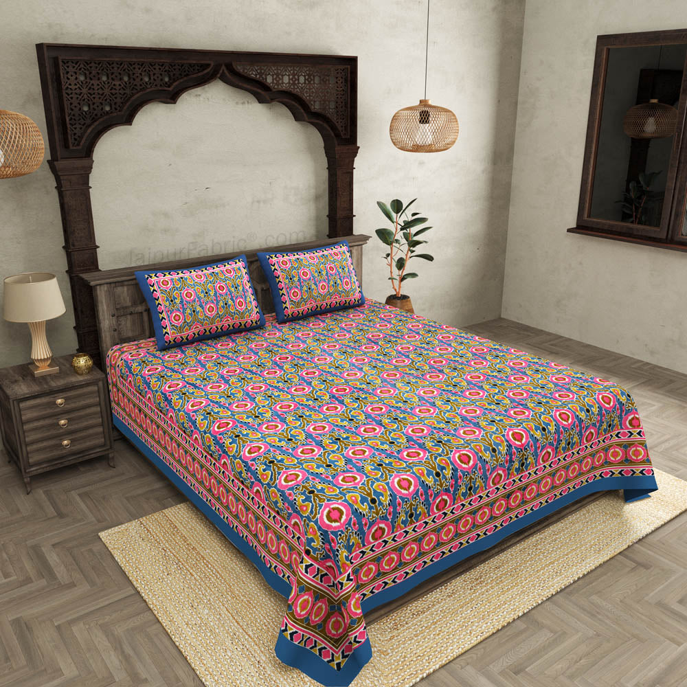 jaipurfabric® lush pink blue ikat super king size premium cotton bed sheet