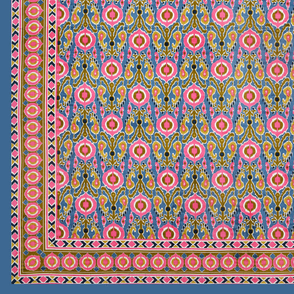 jaipurfabric® lush pink blue ikat super king size premium cotton bed sheet