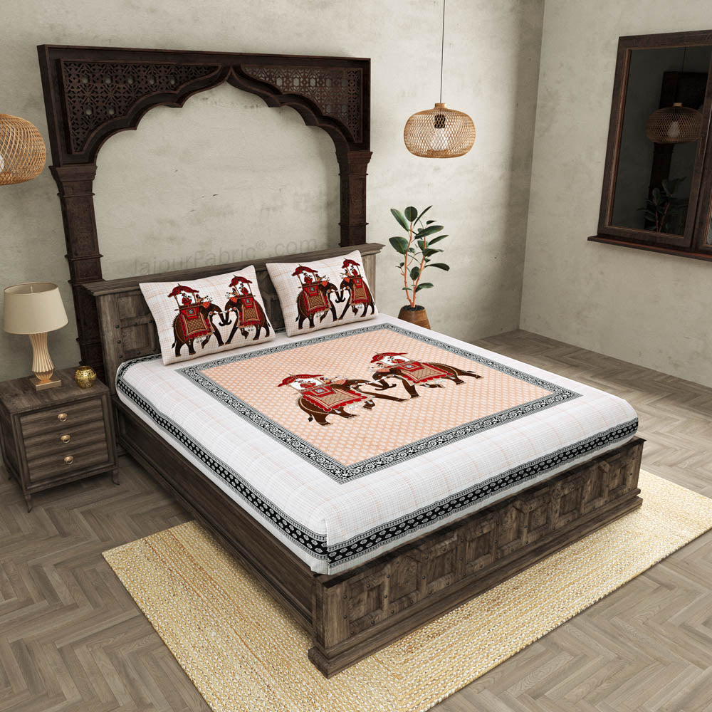 JaipurFabric® royal sawari peach super king size premium cotton bed sheet