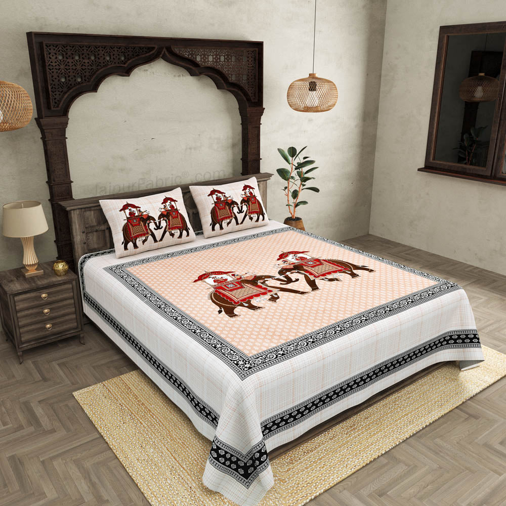JaipurFabric® royal sawari peach super king size premium cotton bed sheet