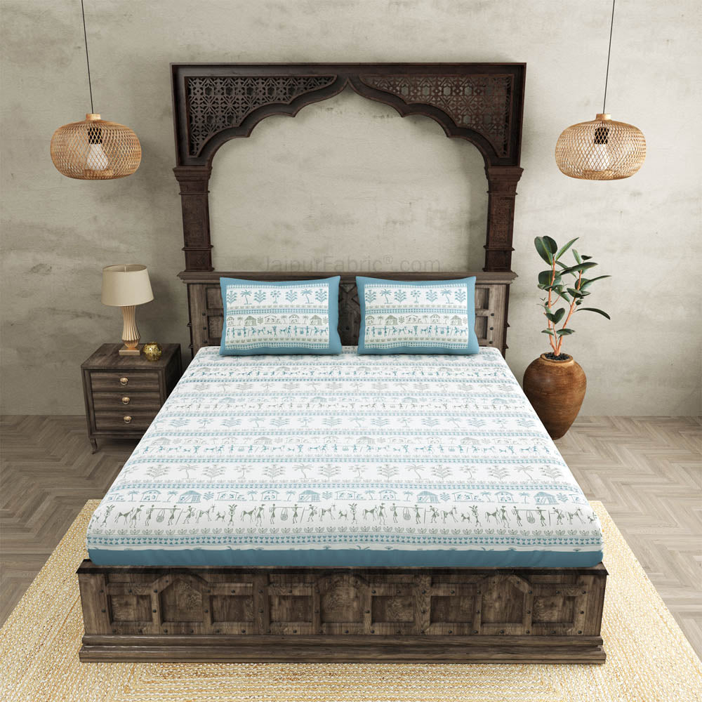JaipurFabric® urban tribals blue super king size premium cotton bed sheet