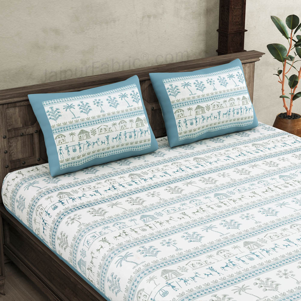 JaipurFabric® urban tribals blue super king size premium cotton bed sheet
