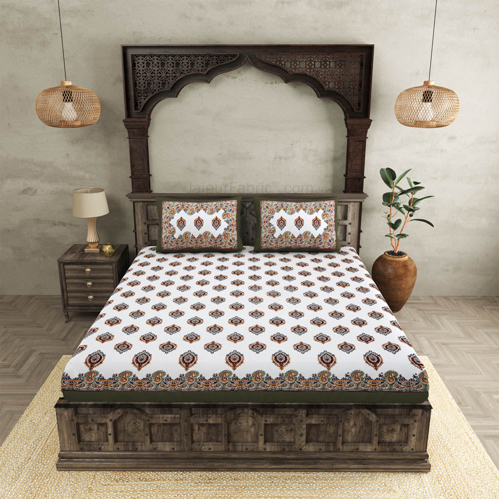 JaipurFabric® booti block print greenish king size premium cotton bed sheet