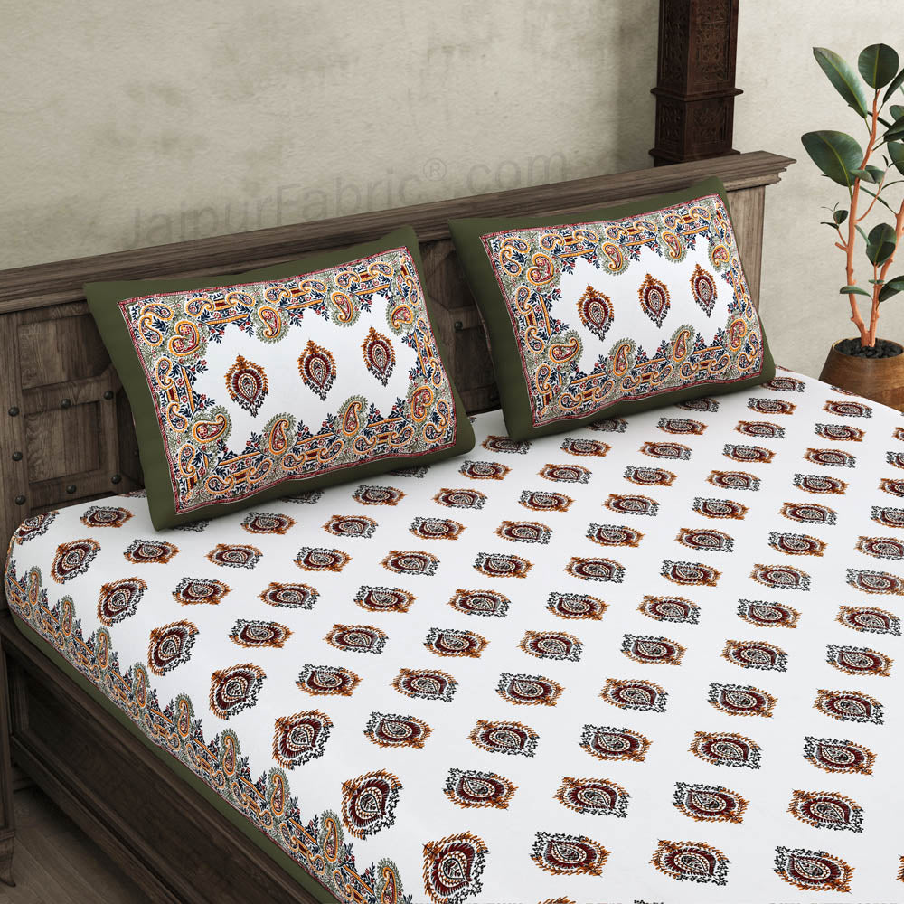 JaipurFabric® booti block print greenish king size premium cotton bed sheet