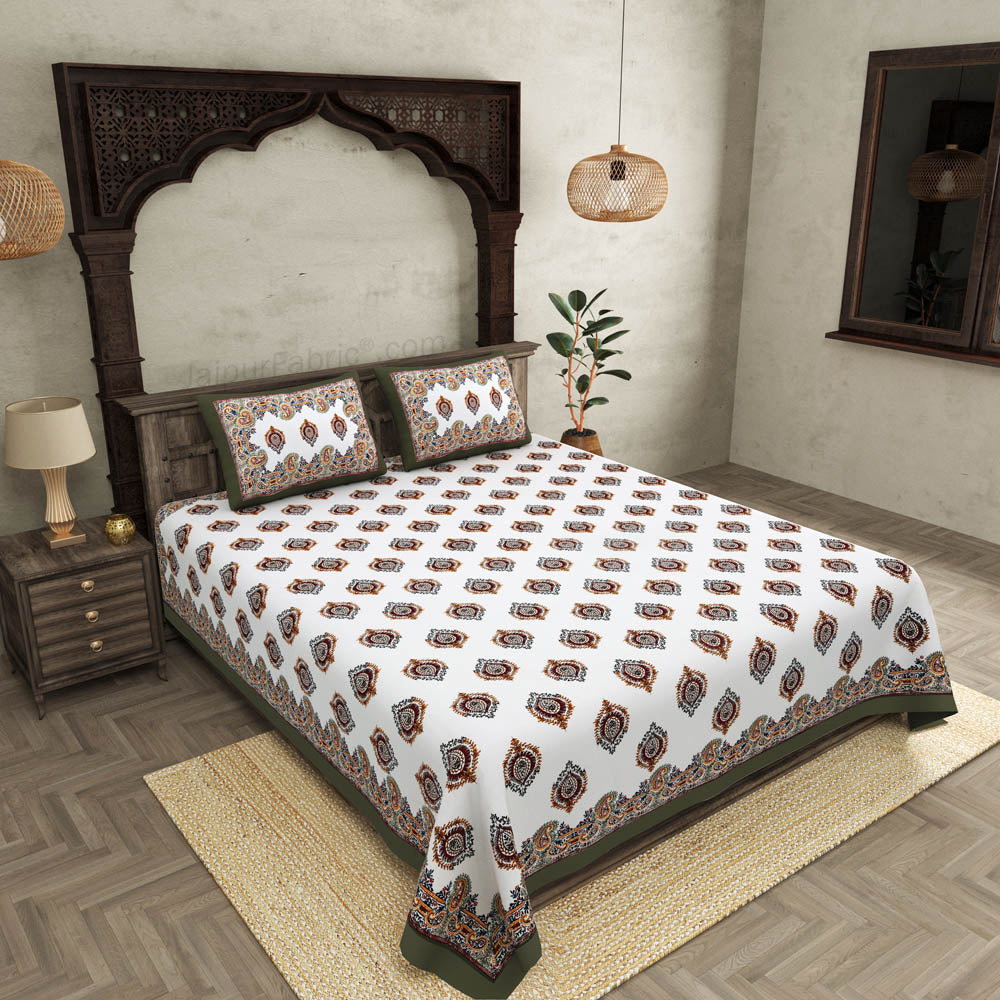 JaipurFabric® booti block print greenish king size premium cotton bed sheet
