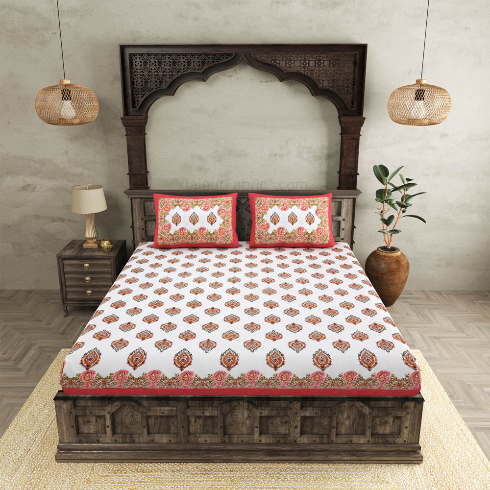 JaipurFabric® booti block print peachy king size premium cotton bed sheet