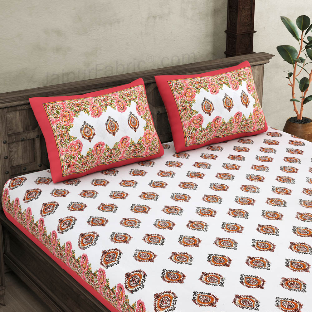 JaipurFabric® booti block print peachy king size premium cotton bed sheet