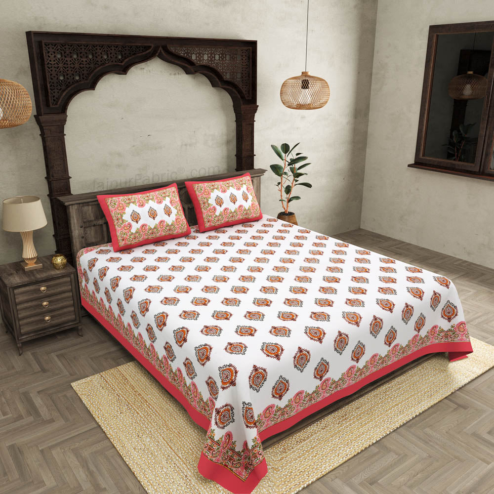 JaipurFabric® booti block print peachy king size premium cotton bed sheet