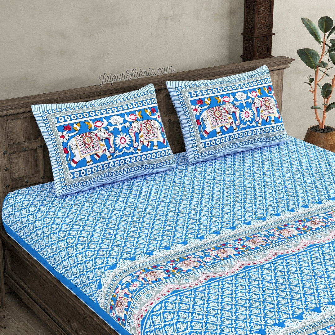 Jaipuri Elephant Parade Design Super King Size Blue Bedsheet with Elegant Prints