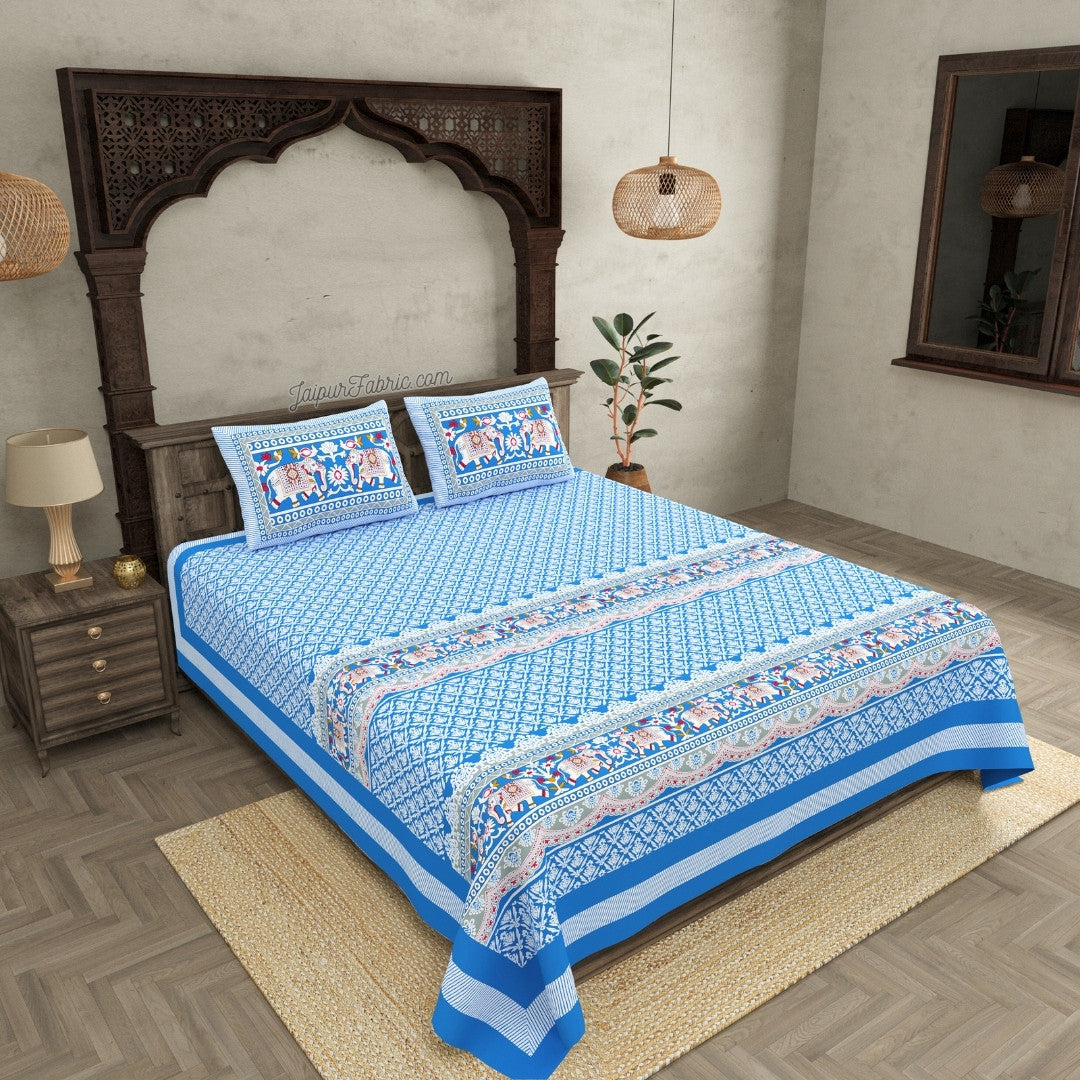 Jaipuri Elephant Parade Design Super King Size Blue Bedsheet with Elegant Prints