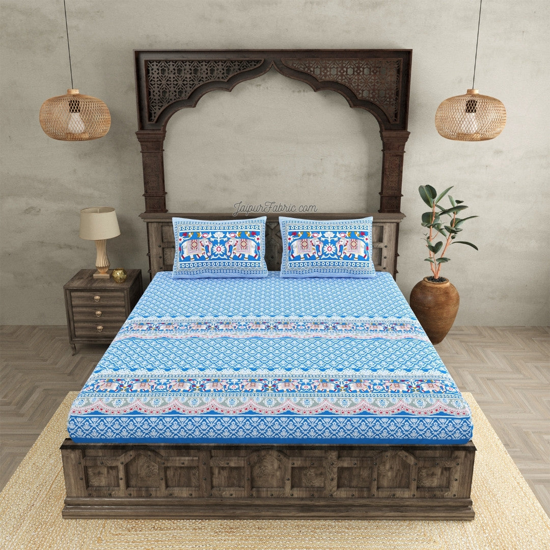 Jaipuri Elephant Parade Design Super King Size Blue Bedsheet with Elegant Prints