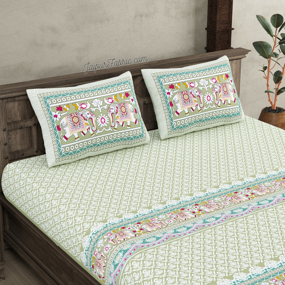 Mint Green Adorable Elephant Print Design Super King Size Bedsheet
