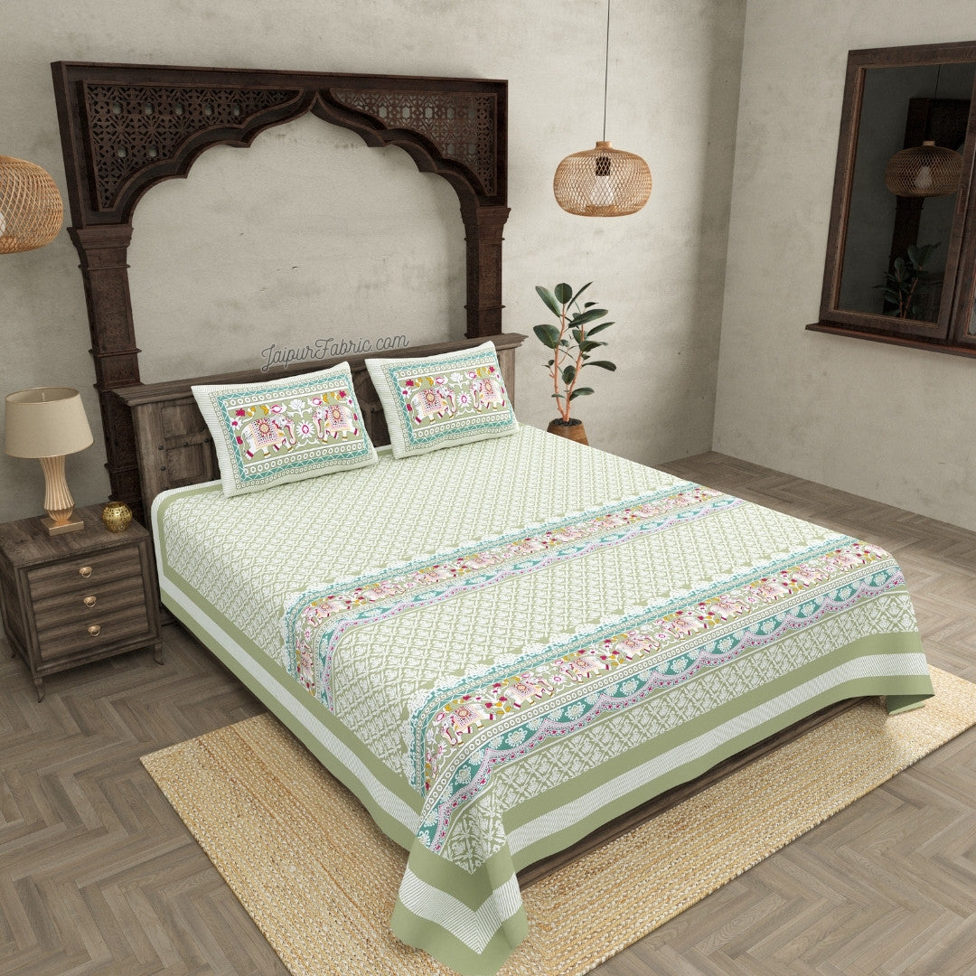 Mint Green Adorable Elephant Print Design Super King Size Bedsheet
