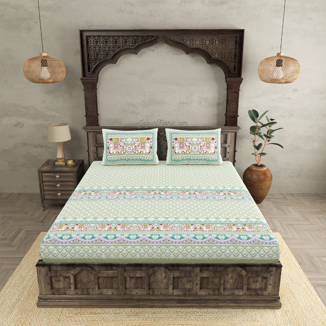 Mint Green Adorable Elephant Print Design Super King Size Bedsheet