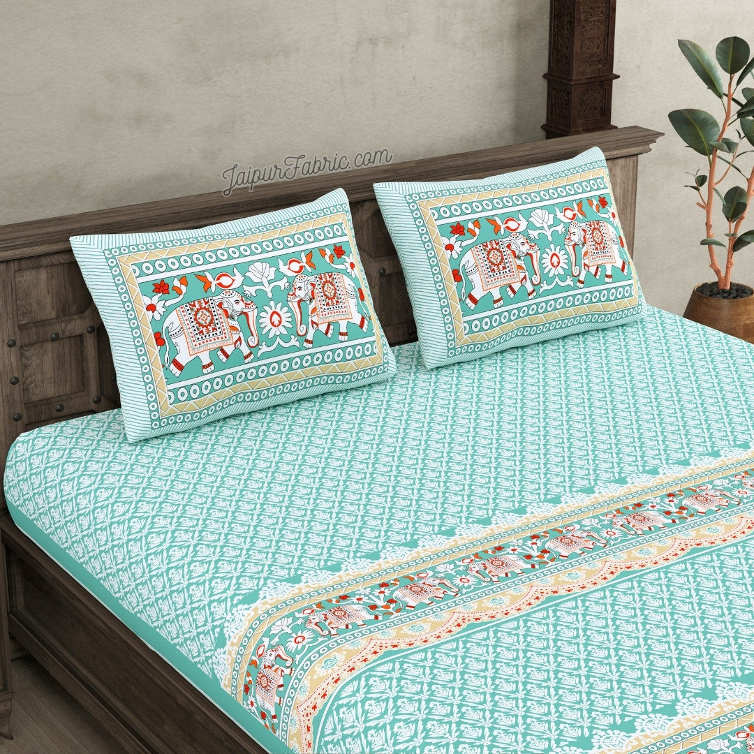 Serene Teal Elegant Elephant Print Design Super King Size Bedsheet