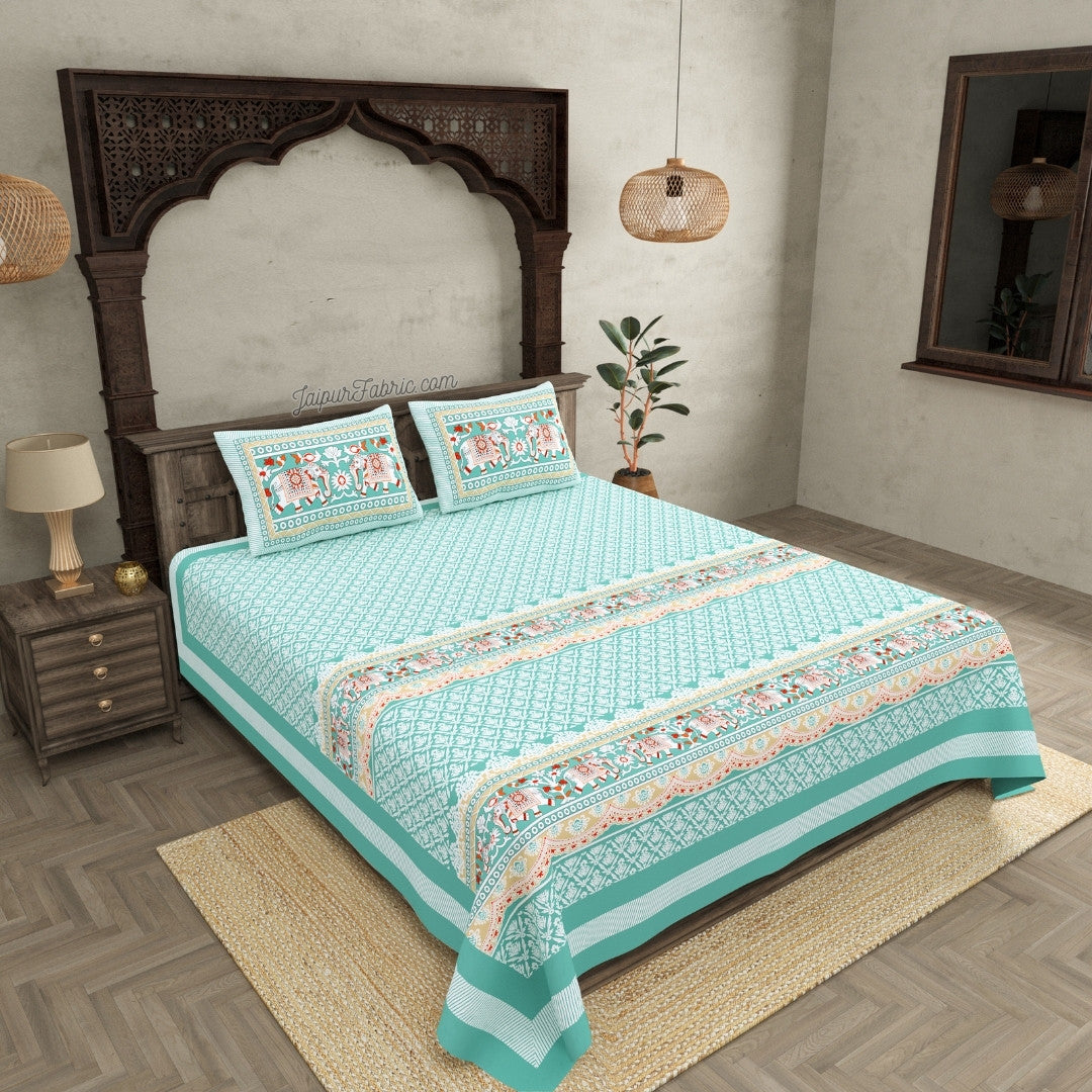 Serene Teal Elegant Elephant Print Design Super King Size Bedsheet